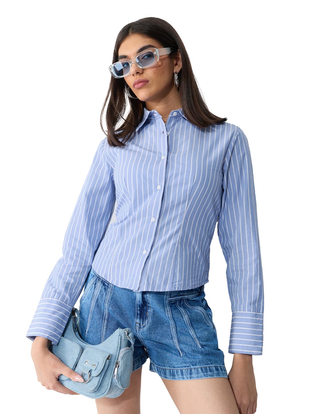 the souled store Ivy League: Tailored Stripe Women and Girls Full Length Regular Sleeves Collared Light Blue and White Striped Cotton Slim Fit Lightweight Everyday Shirt-picture-32