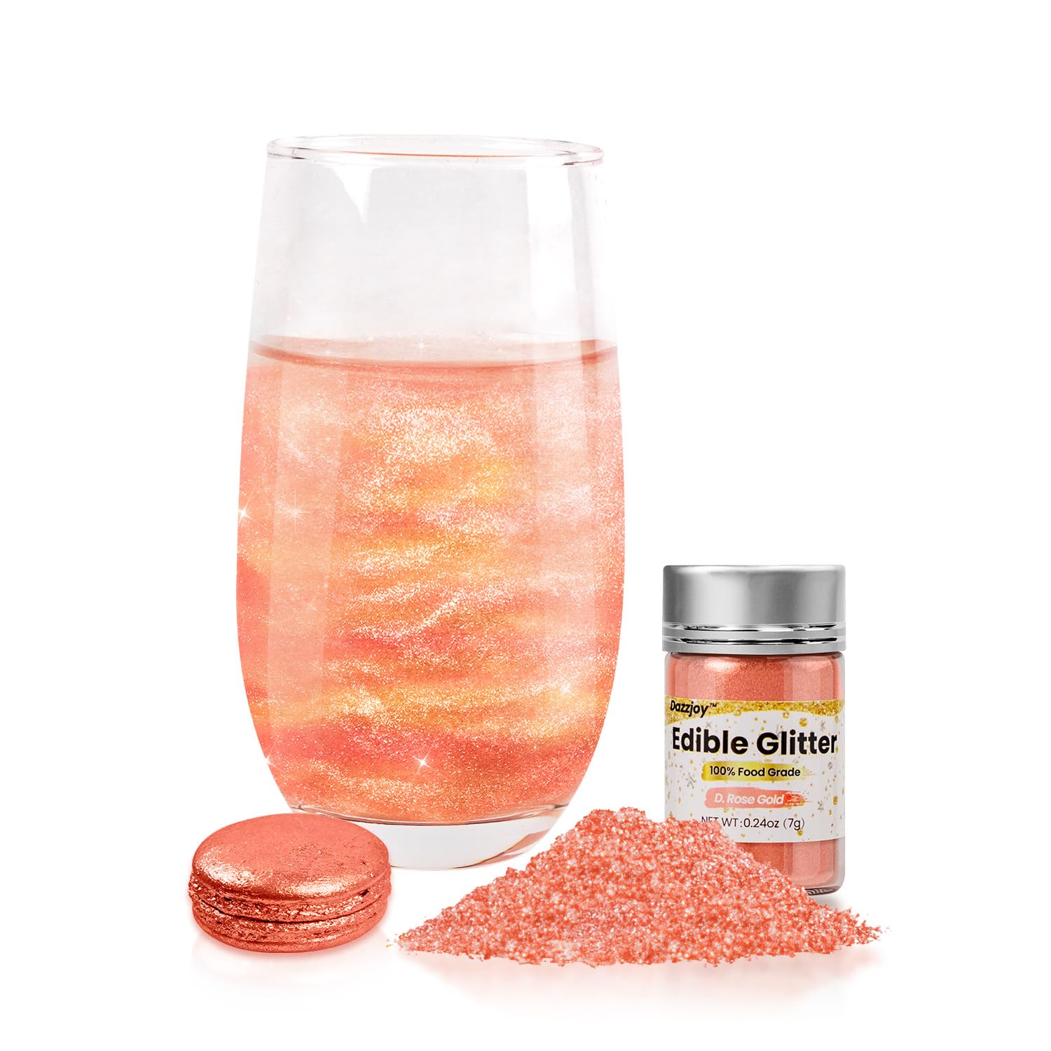 Dazzjoy D. Rose Gold Edible Glitter, Food Grade 7g, Shimmer Luster Dust Metallic Food Decorating Decorating, Cake, Cocktail, Cupcake, Rum