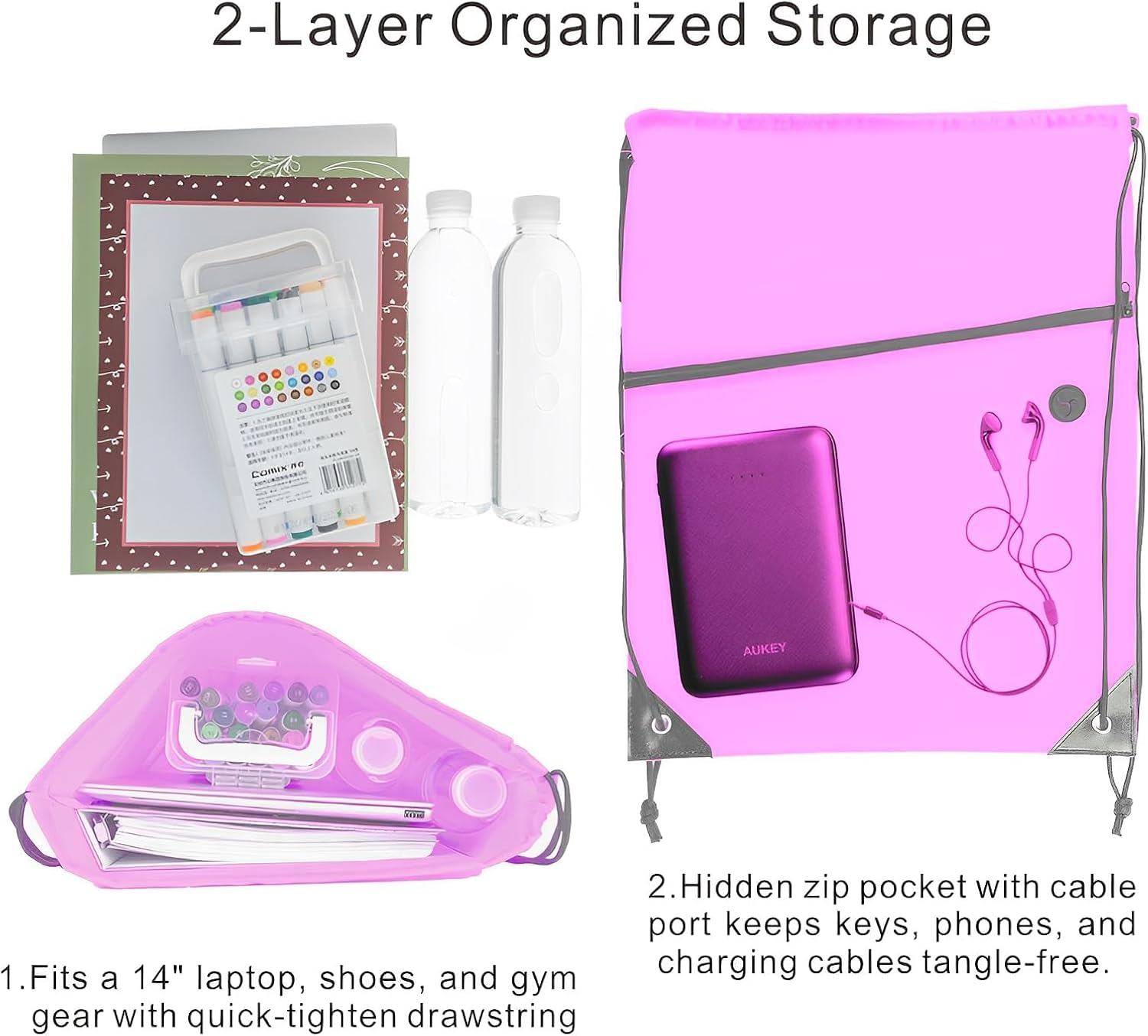 CODOBON Lightweight Drawstring Backpack with 2 Compartments Holds 14" Laptop & Shoes | Foldable to Phone Size, Zip Pocket with Cable Port | Economical for Gym, Travel, parties (Multi -6-colors 18pcs) - Image 4