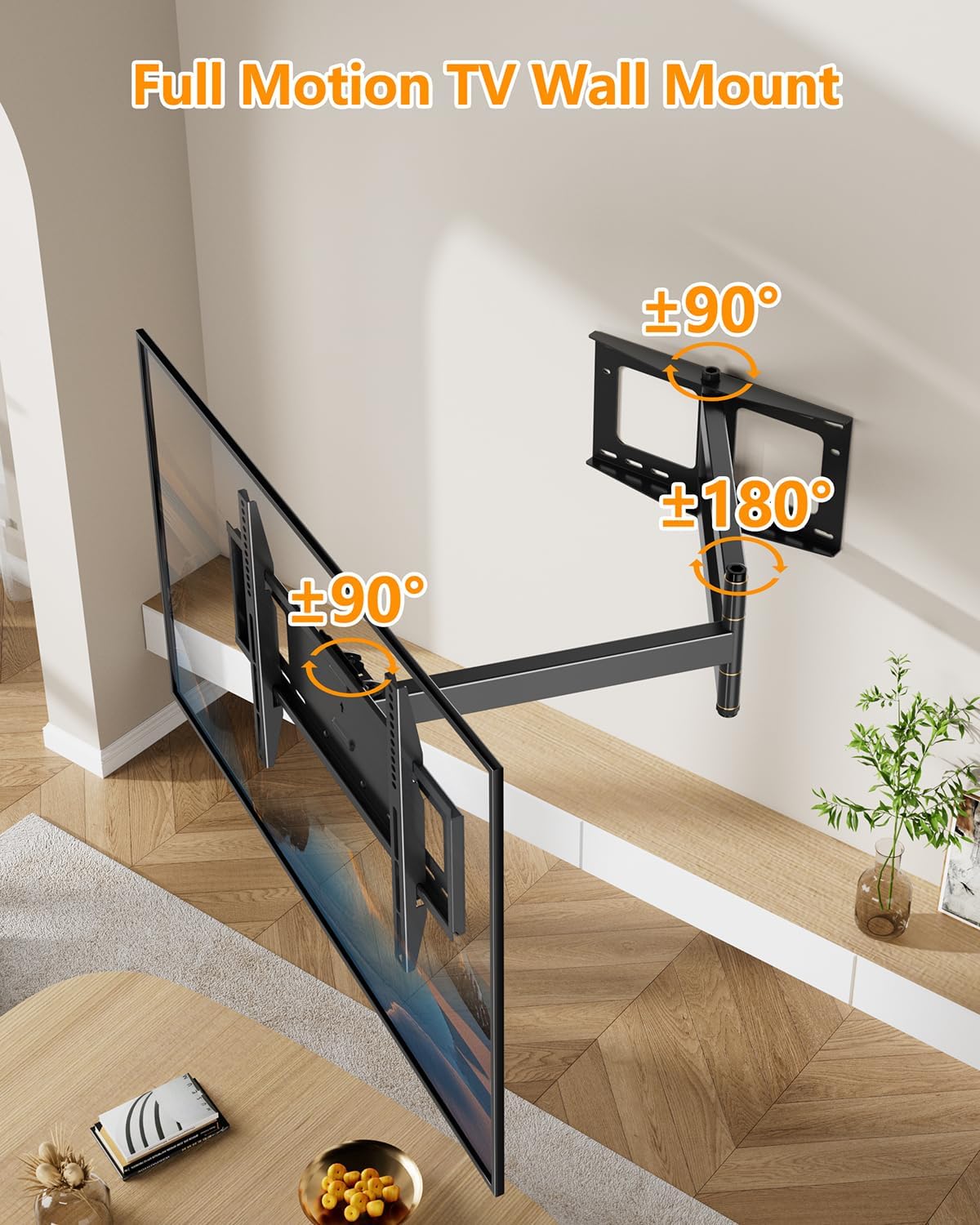 A living room scene showing a TV mounted on the wall, illustrating its full motion swivel capability of 90 degrees left and right, and 180 degrees rotation.