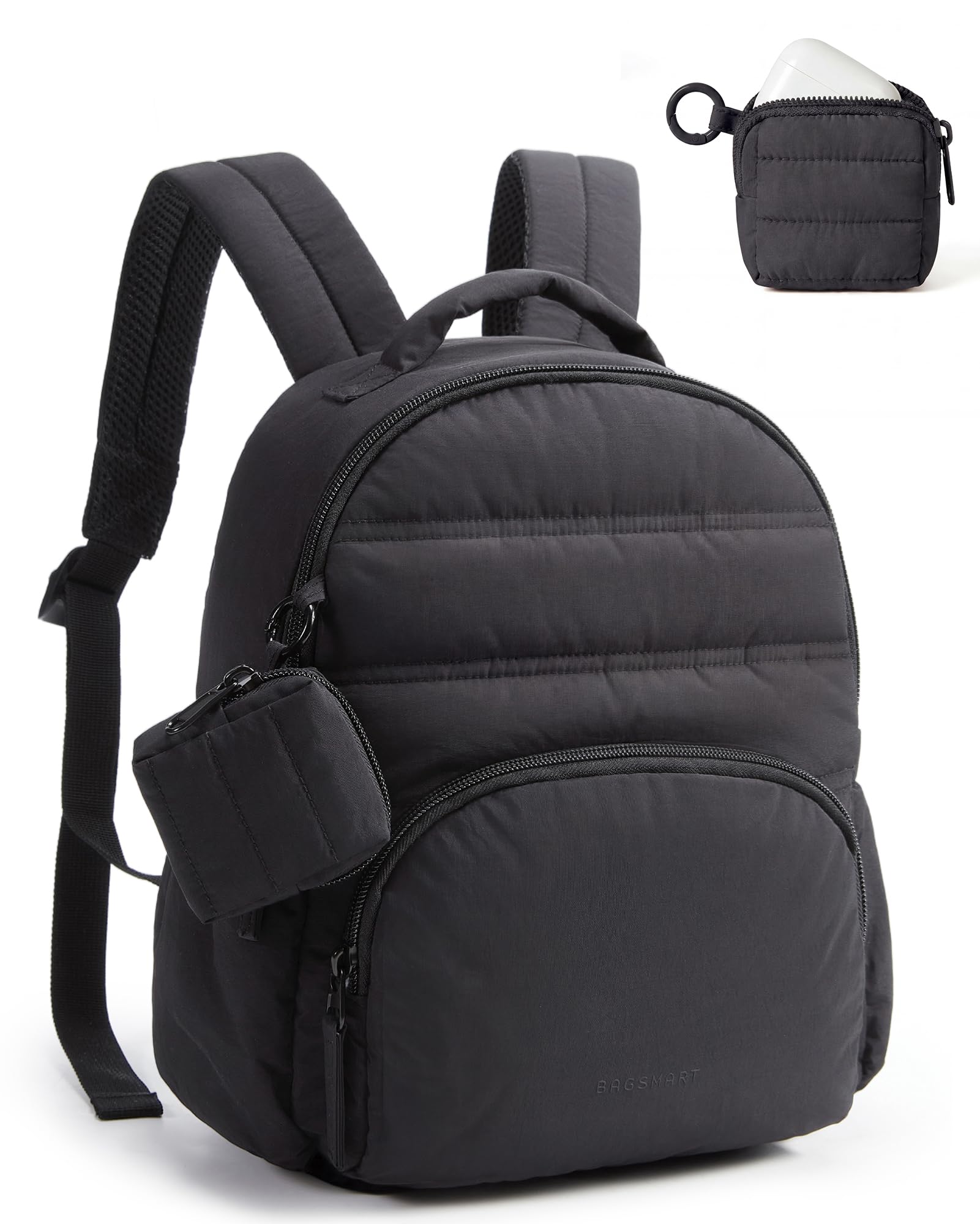 BAGSMART Small Backpacks for Women, Lightweight Puffer Mini Backpack Purse with Pouch, Quilted Casual Daypack, Water-Resistant Bookbag for Daily Travel College, 2-in-1 Set, Black - 1
