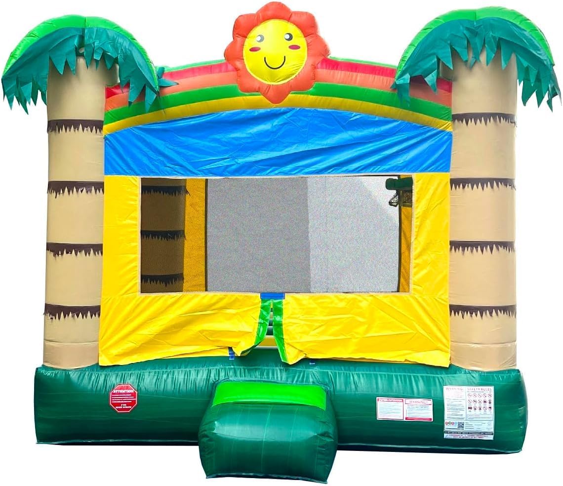 Pogo Bounce House Crossover Tropical Jungle Smiley Face - 13 x 12 x 14.5 Foot - Big Inflatable Castle Unit for Kids - Outdoor Party with Blower, Stakes, & Storage Bag