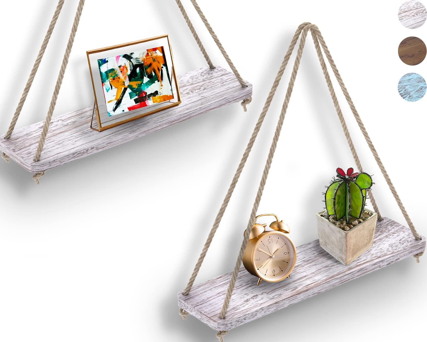 Rustic Set of 2 Wooden Floating Shelves with String Farmhouse Hanging