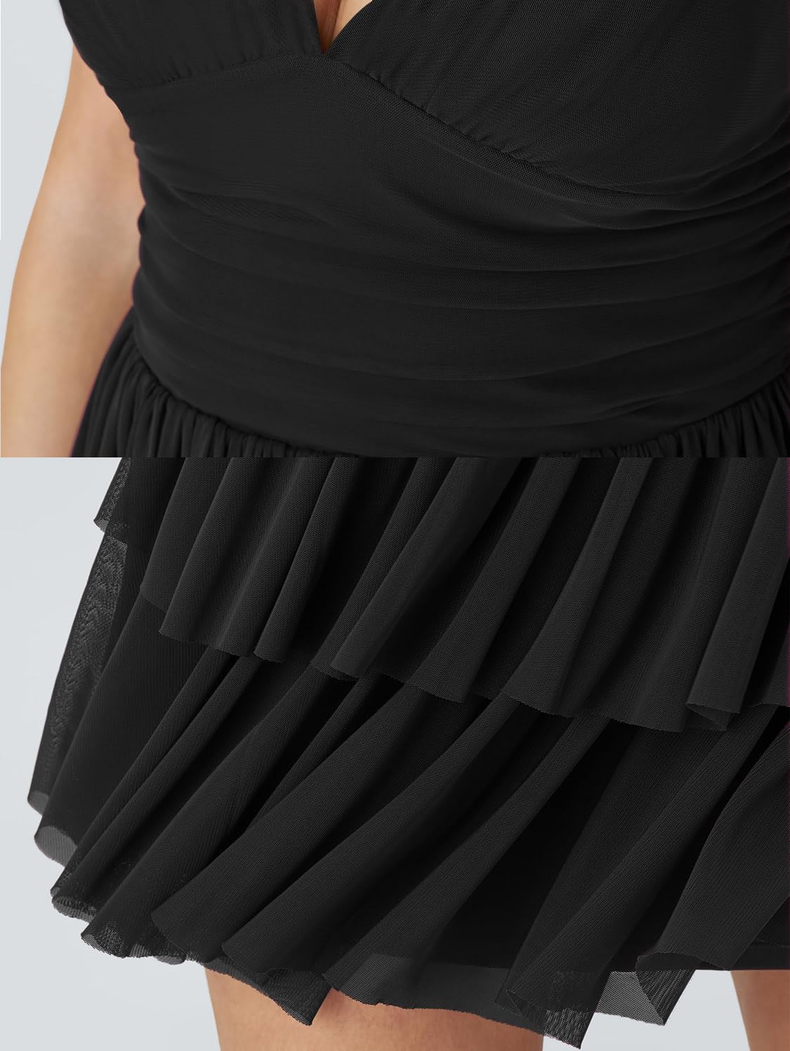 Women's Sexy V Neck Ruffled Hem Mesh Sleeveless Ruched Spaghetti Strap Flowy Mini Dress - Image 2
