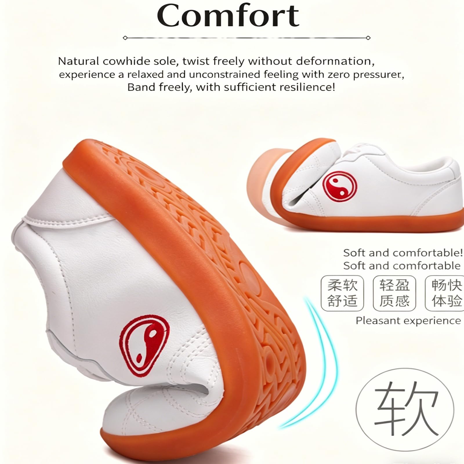 Chaussures de Tai Chi,Chaussures de Boxe Arts Martiaux pour Homme Femme,Pantoufles de Style Chinois Kung Fu Semelle en Caoutchouc,Pantoufles de Sport Déc(Size:36/230mm,Color:Cuir blanc toutes saisons)