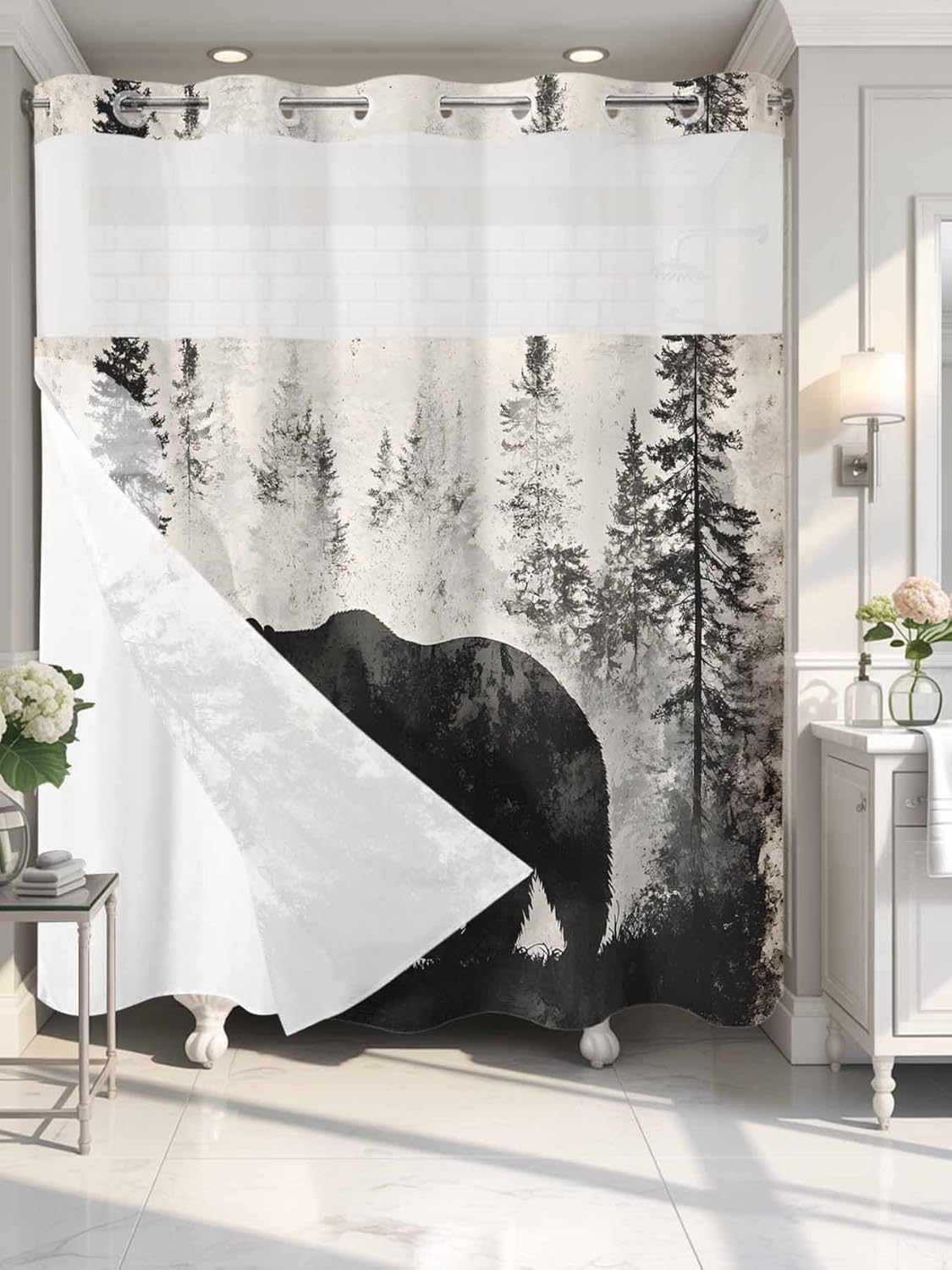 Retro Bear Forest No Hook Shower Curtain with Snap in Liner Set, Waterproof Shower Curtains for Bathroom, Oil Painting Beige Fabric Shower Curtain, See Through Mesh Top Window, 72"W x 78"L
