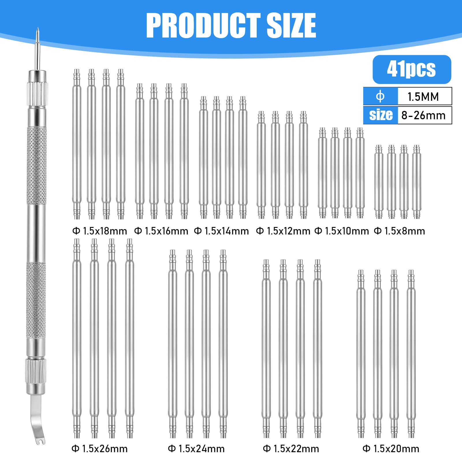 41PCS Watch Band Repair Tool Kit, 1PCS 5.31 Inch Stainless Steel Watch Pin Tool with 40PCS Spring Bars (8mm-26mm), Watch Strap Replacement Kit for Watch Band Removal, Link Adjustment, Repair, Silver