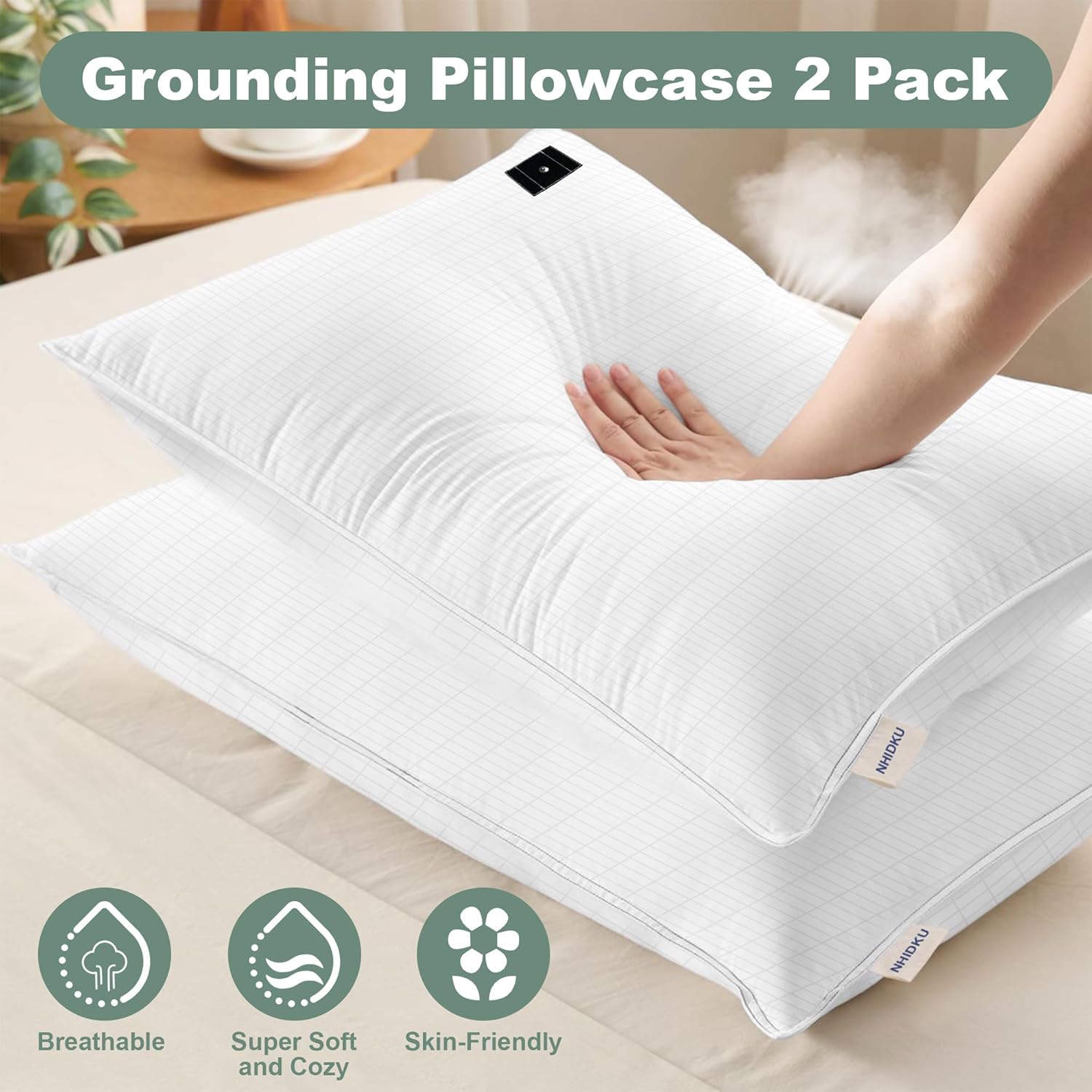 Conductive Grounding Pillow Cases Grounding Pillowcase King Organic Cotton Grounding Sheet with 15ft Grounding Wire for Better Sleep Pain Relief Improve Energy (2, White, 20*30 inch/ Queen Pillowcase)