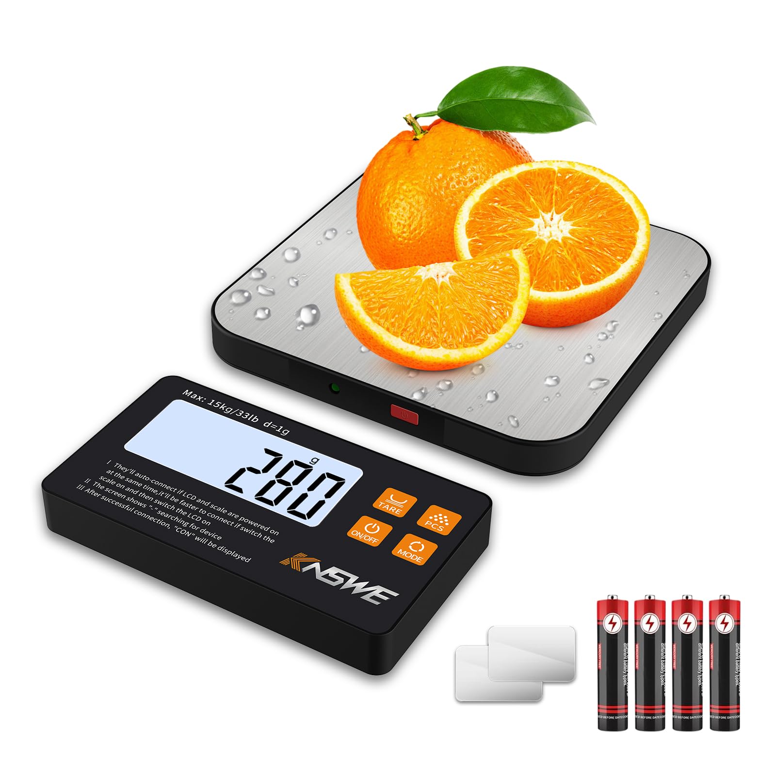 KNSWE Food Scales with Split Wireless LCD Display 33lb/15kg Digital Kitchen Scale 304 Stainless Steel 1g High Precision 7 Units for Cooking Baking Electric Weighing Coffee with PCS Tare Function