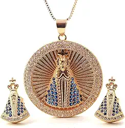 Conjunto Feminino 'Nossa Senhora Aparecida' – Colar e Brincos Banhados a Ouro 18K com Zircônias, Simbolismo Religioso e Fé – Acompanha Bolsa de Veludo