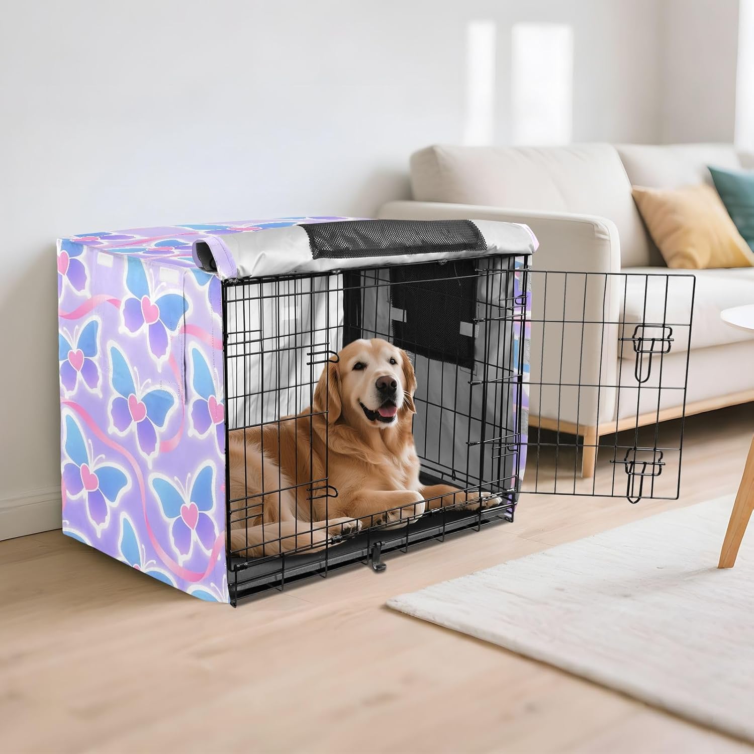 Gradient Butterfly Pattern Dog Crate Cover 600D Oxford Pet Kennel Cover with Mesh Window for Dog Cages, Windproof Waterproof Machine Washable, 42"x28"x30"
