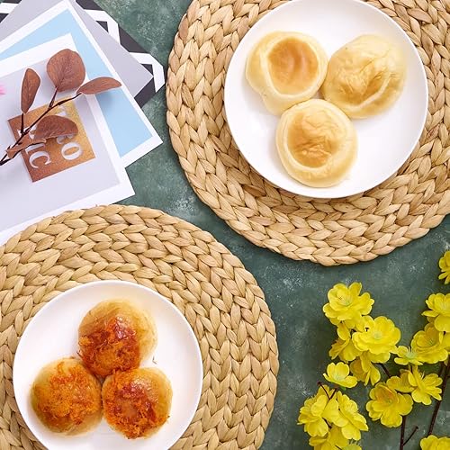 Miniatura 5 de BARIEN Juego de 10 manteles individuales tejidos redondos, tejido de jacinto de agua natural para mesa de comedor, manteles individuales grandes