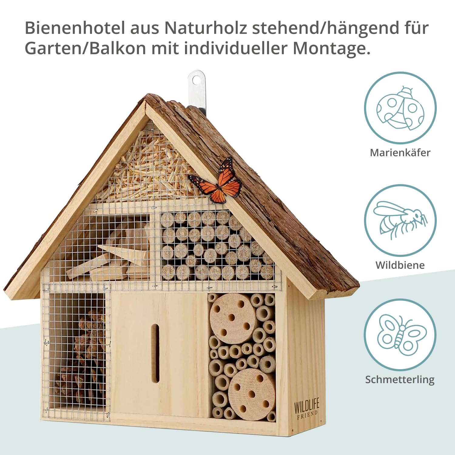WILDLIFE FRIEND Insektenhotel Rindendach - 28x29,5x9 cm Wetterfestes Bienenhotel mit Bambusröhren und Nistkammern - Schmetterlingshaus für Garten und Balkon - Klein