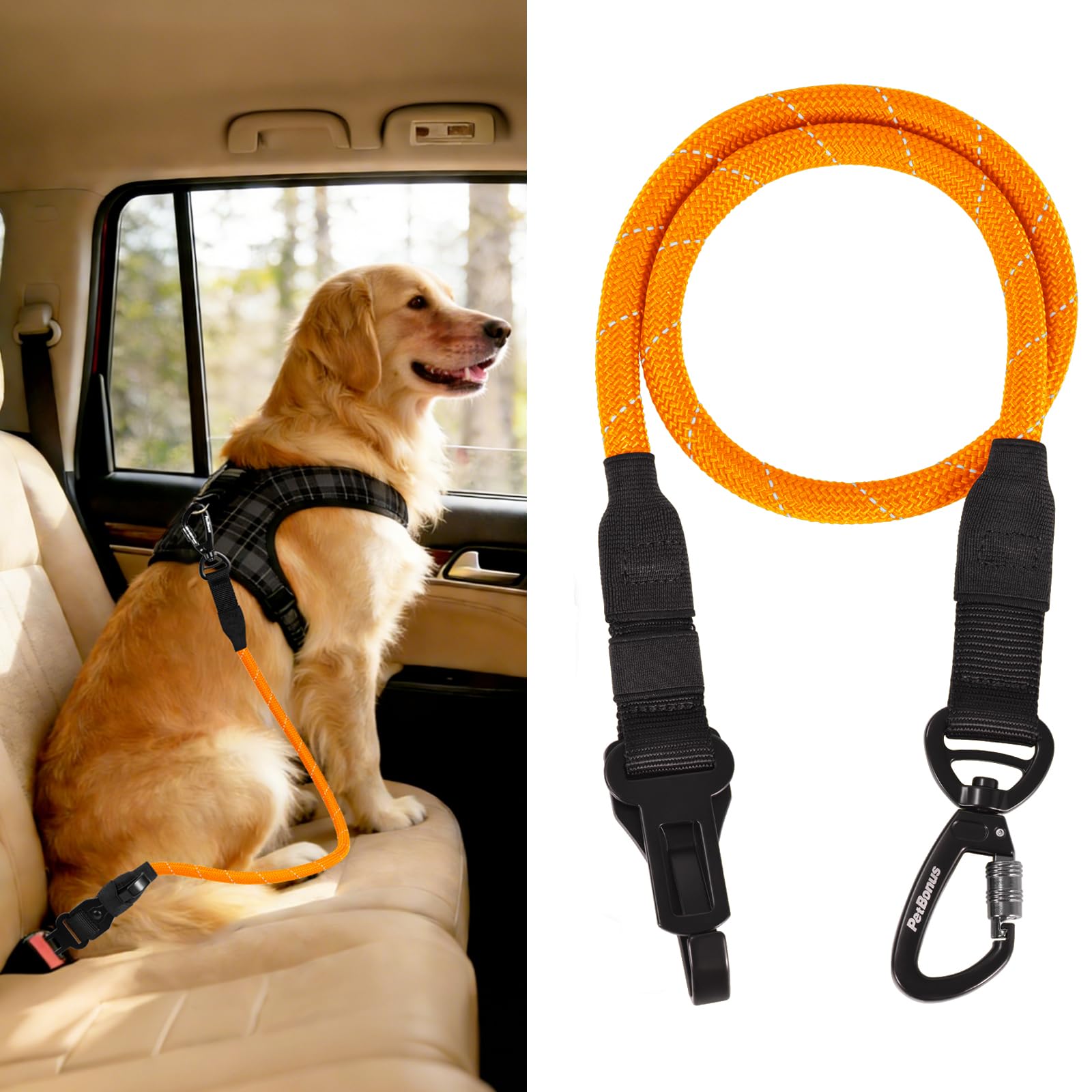 PetBonus Dog Seat Belt for Car, Durable Rope Dog Car Harness Seatbelt for Vehicle, Pet Tether Safety Restraint with Heavy Duty Buckle Hook Latch Lockable Clip for Small Medium Large Breeds (Orange) โ image 1
