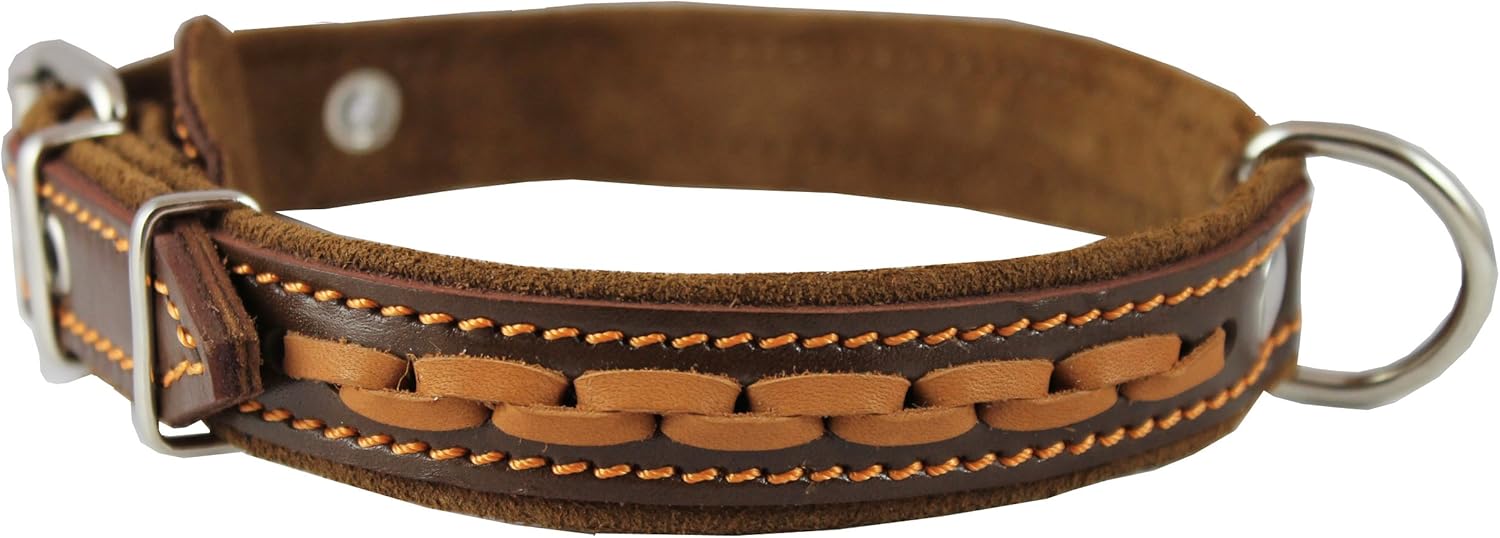 Brown Genuine Leather Braided Dog Collar, 1" Wide. Fits 14"-17" Neck.