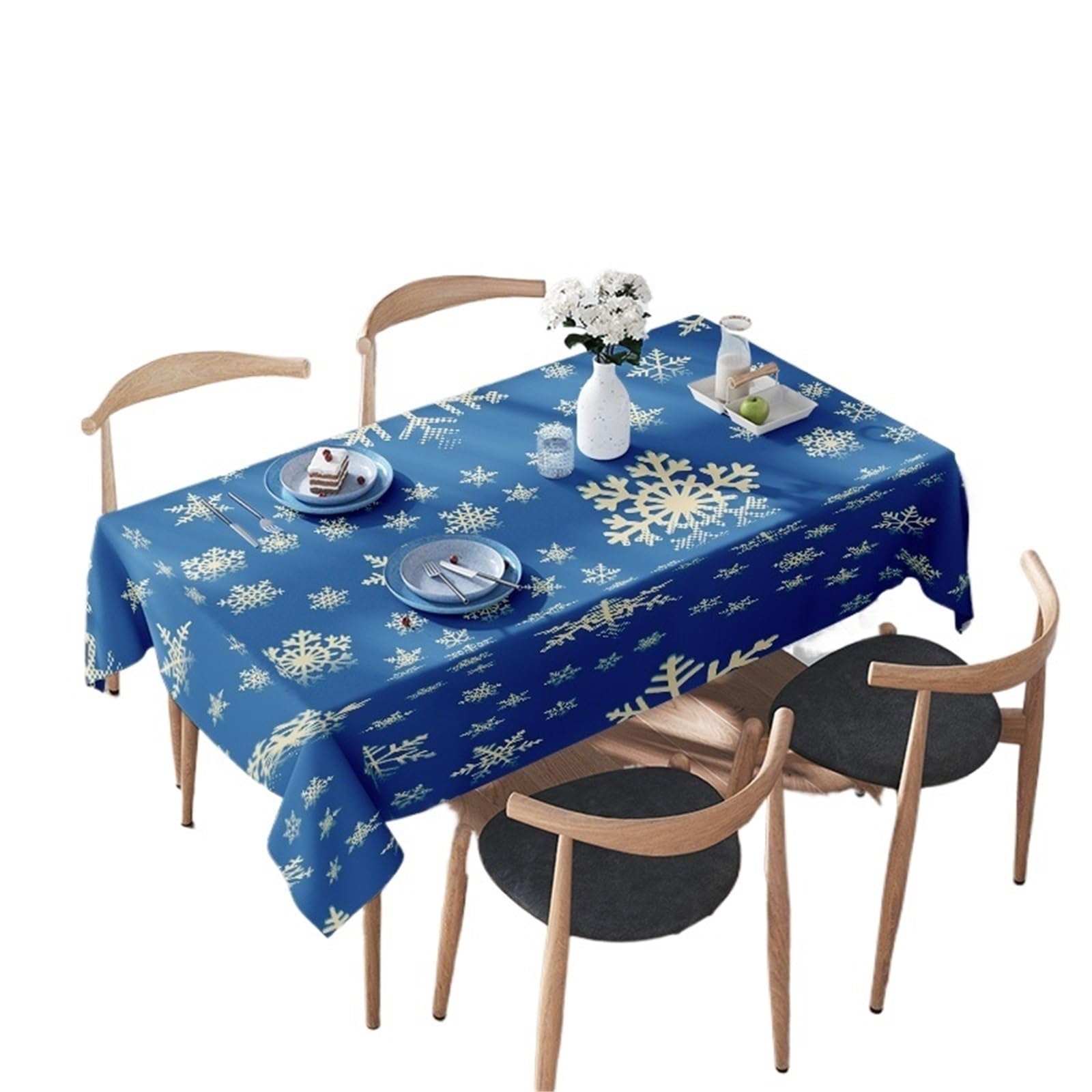 LYXYGMV Snowflake Tablecloth Blue Polyester Winter Holiday Decoration Centerpiece Cover for Dining Room(140X160CM)