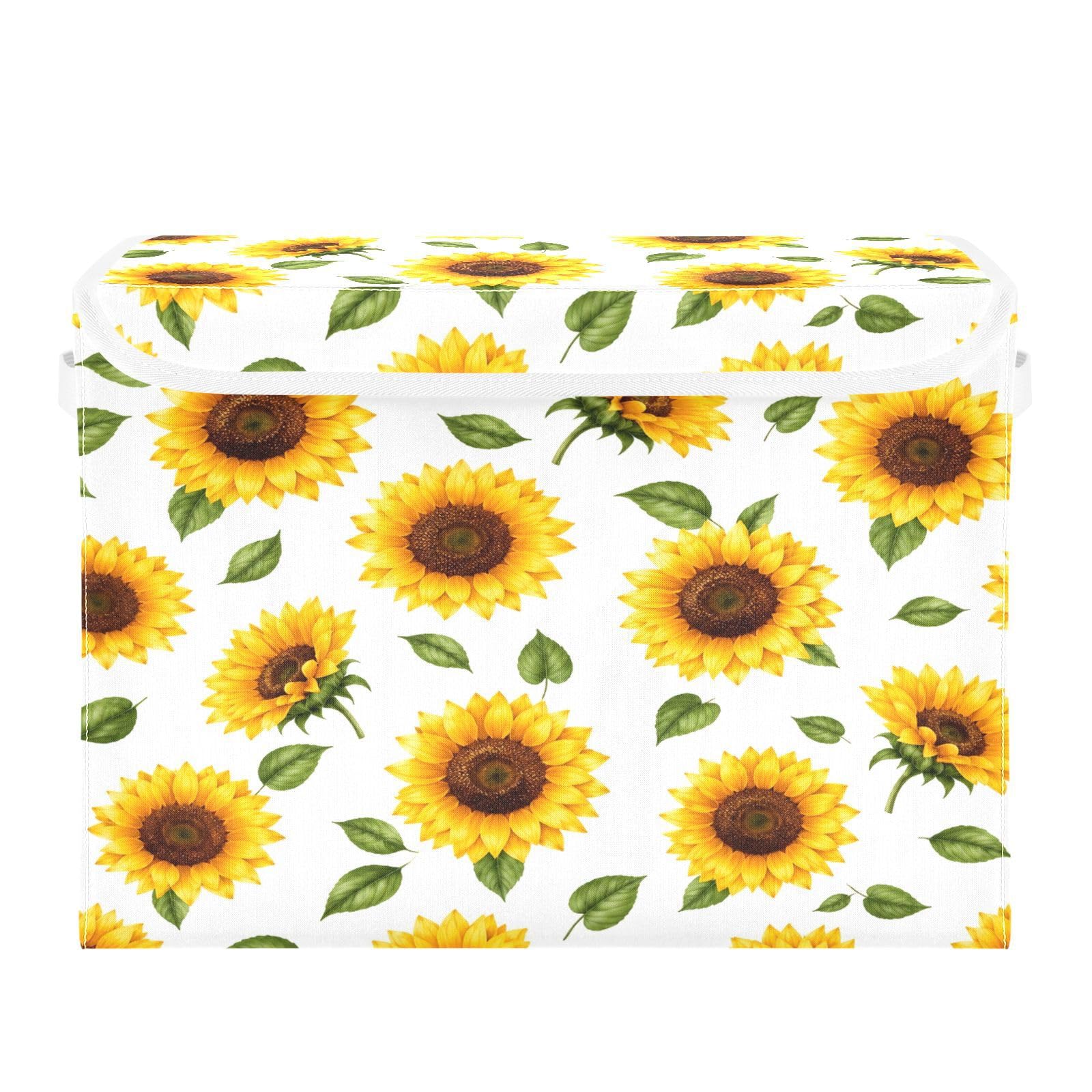 Ewusp Sunflowers Fabric Storage Bin with Lid, Decorative Foldable Storage Basket with Handles, Stackable Closet Shelf Organiser Box for Clothes, Books, Bedroom, Living Room
