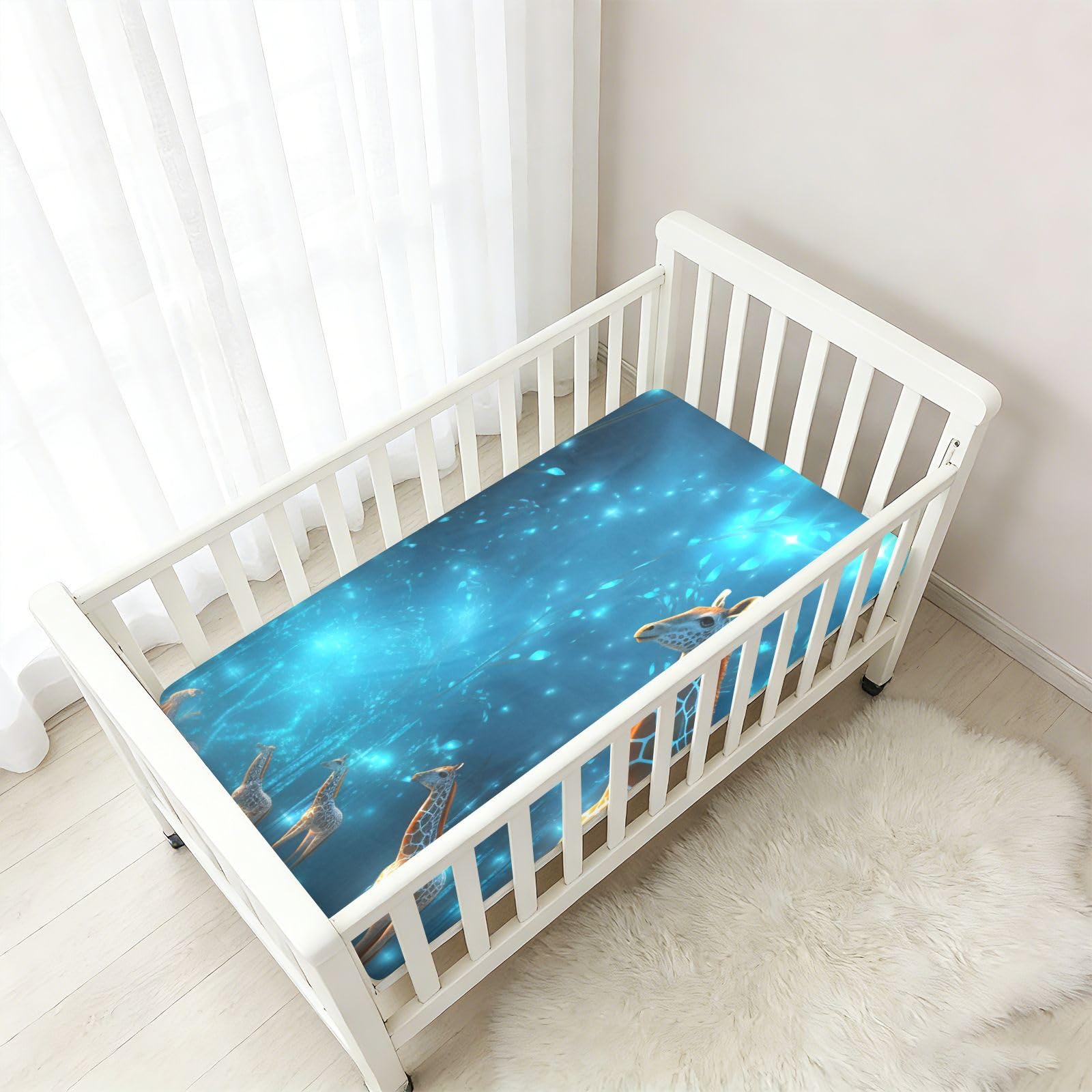 Espacio Azul Jirafas Sparkle Sábana de Cuna para Niños Pequeños,Sábanas de Algodón Suave para Bebés Aptas para Colchón Corralito