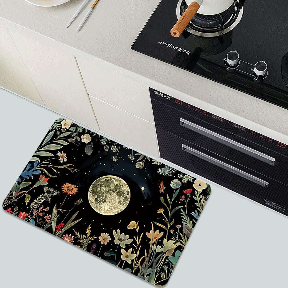 Diatomaceous Earth Bath Mat,Moon Surrounded by Wildflowers Non-Slip Volume Super Absorbent Fast Drying Eco-Friendly Easy to Clean for Bathroom Kitchen Door mat 17×27.5Inch (43 * 70cm)
