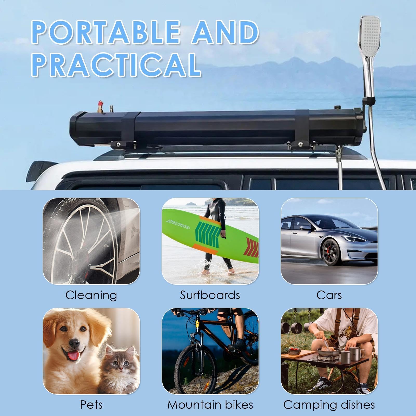 8 Gallon Pressurized Water Tank, Portable Camping Showerhead Roof Solar Shower, S-U-V Water Tank for Overlanding, Water Storage, Outdoor Activities Water Supply