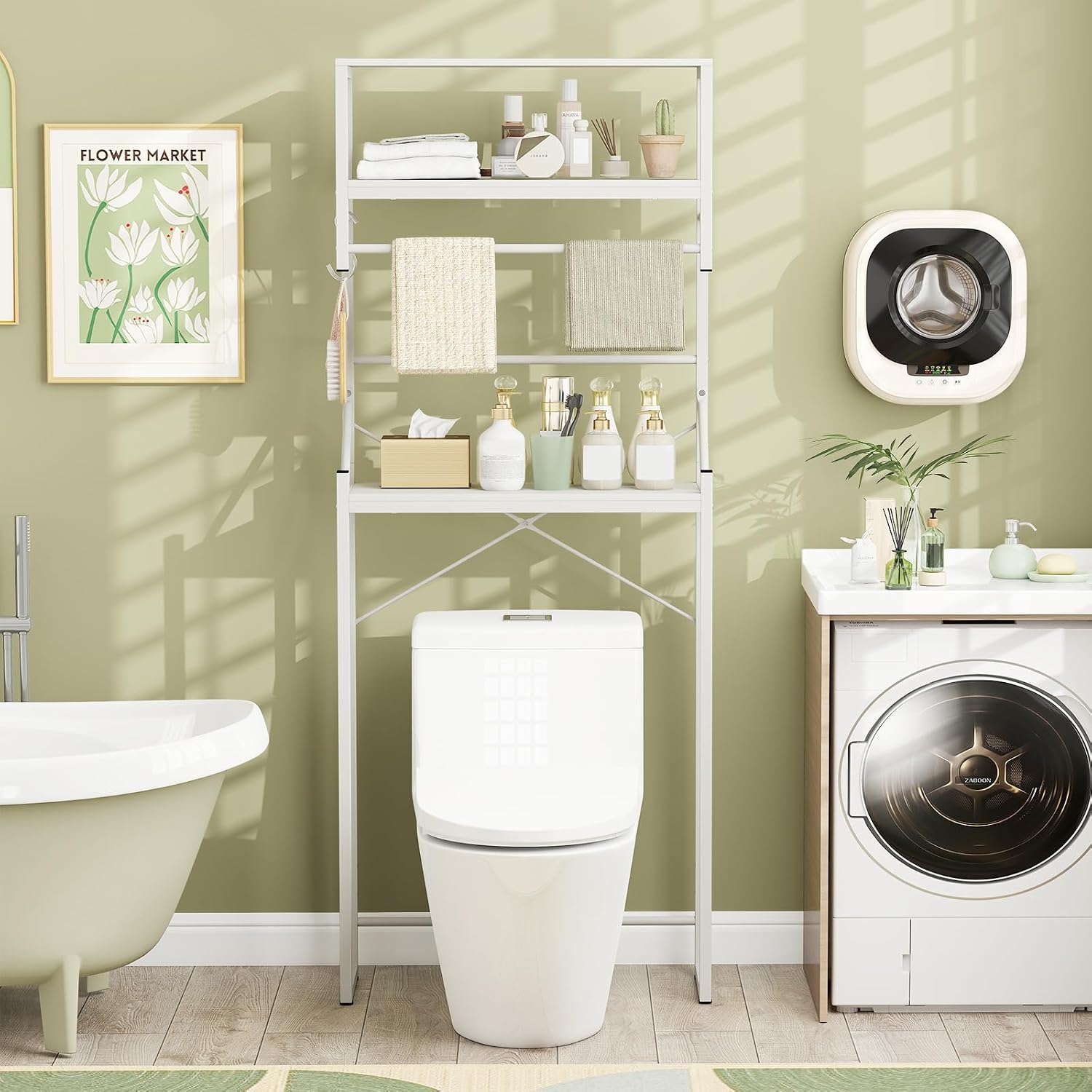 Giantex 3-Tier Over the Toilet Storage Shlelf, Freestanding Space Saver Bathroom Shelves AboveToilet with Towels Bar, 3 Hooks, Metal Over Toilet Bathroom Organizer for Laundry, White
