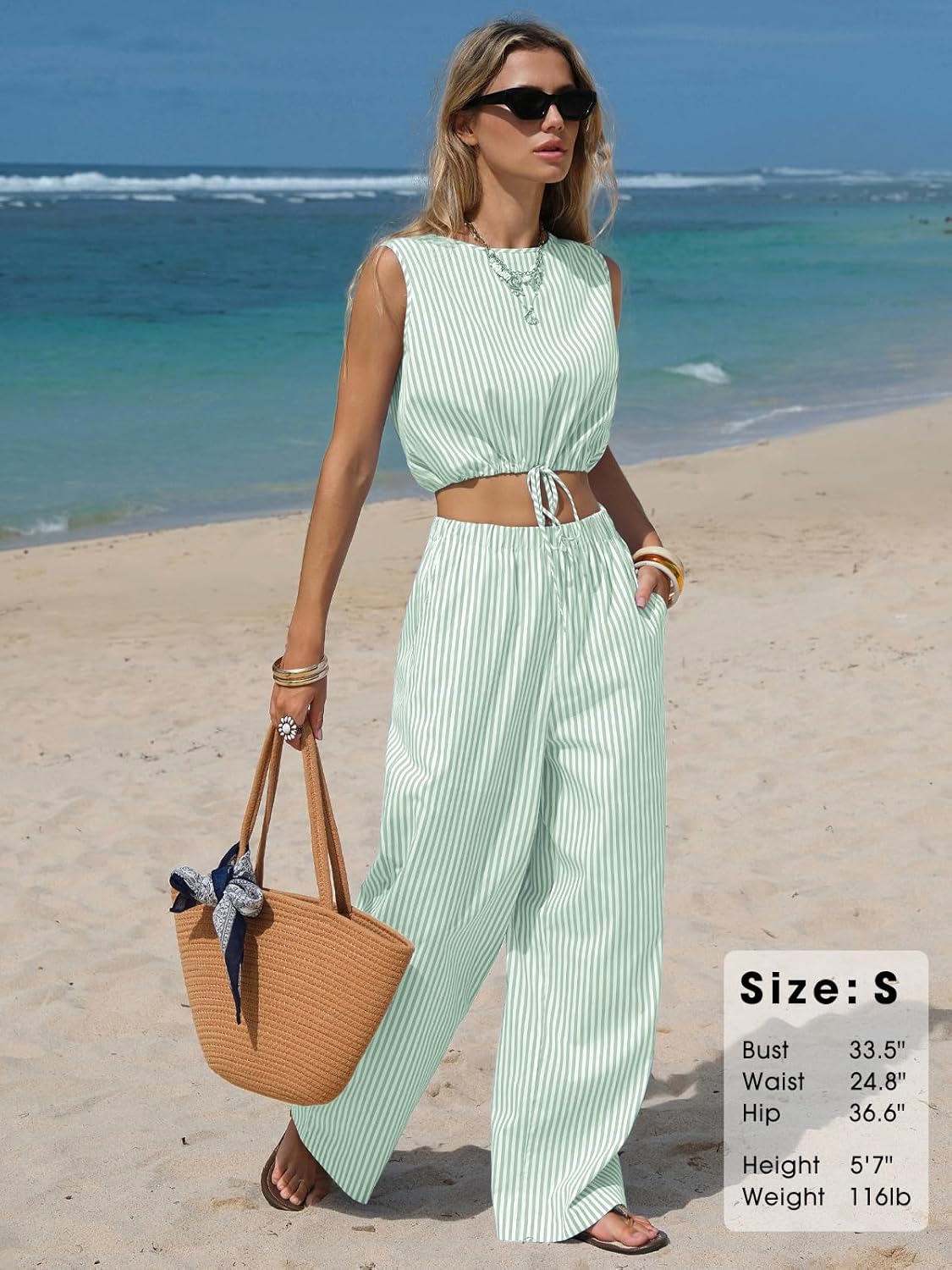 EXLURA Womens 100% Cotton 2 Piece Outfits Stripe Drawstring Crop Tank Tops Wide Leg Pant Sets Faux Linen Summer Cruise Beach - Image 3