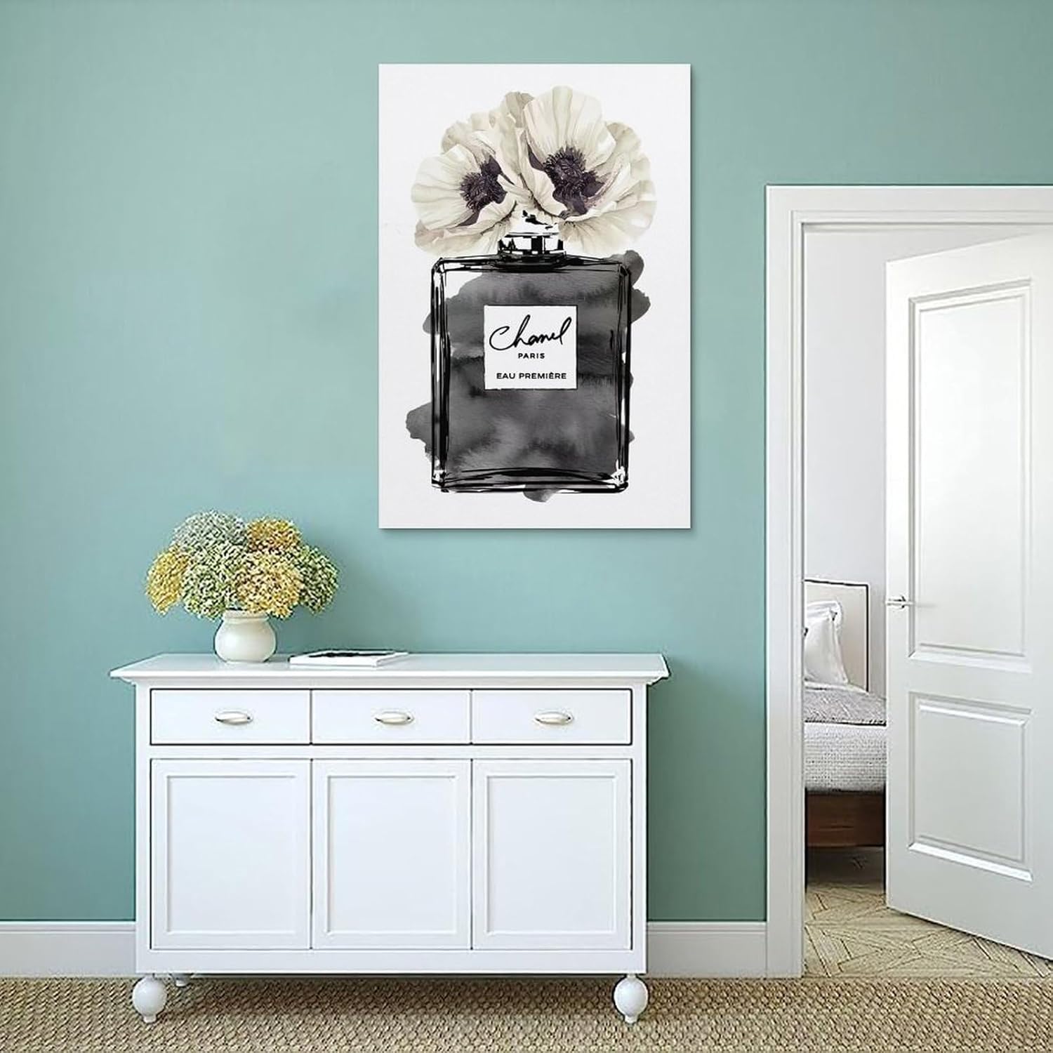WEboL Fashion Perfume Bottle Black With Grey & White Poppy Poster Decorative Painting Canvas Wall Art Picture Print Modern Family Bedroom Decor 12x18inch(30x45cm),Framed