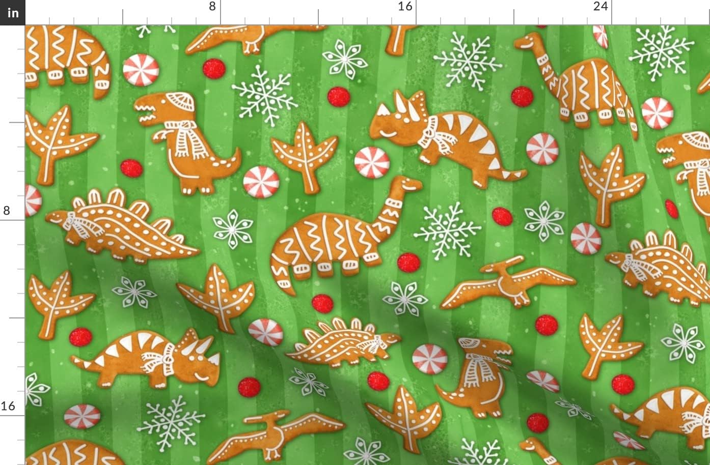 Spoonflower Fabric - Gingerbread Dinos Snowflakes Christmas Candy Dinosaurs Cookie Printed on Organic Cotton Sateen Fabric by The Yard - Sewing Quilting Apparel Home Decor