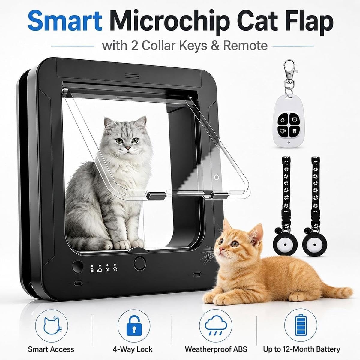 Elektronische Katzenklappe,automatische Haustiertür,2 Halsbandschlüsseln