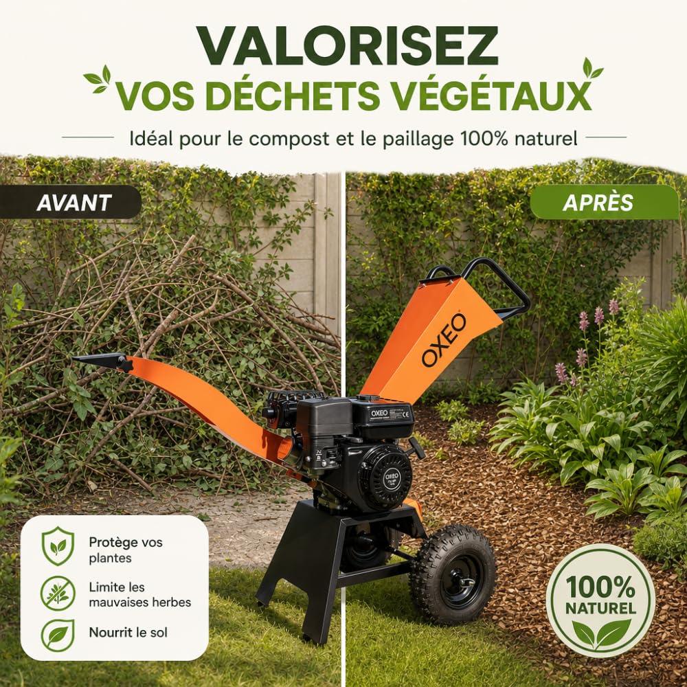 Broyeur de végétaux thermique 212 cm³ – 7 CV – Pour branches 65 mm - Trémie articulée et goulotte orientable