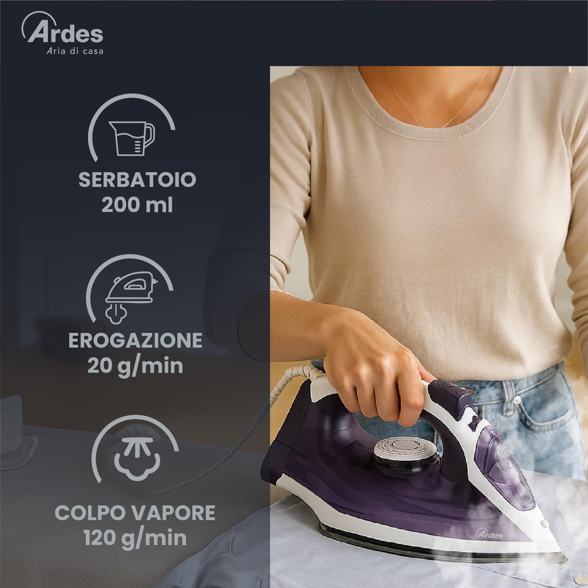 ARDES ARSTIR01W Plancha de vapor Vapor Pro COMPACT, 2000 W, depósito de 0,20 litros, salida de vapor de 120 g/min, con suela de cerámica, mango ergonómico, fácil de manejar y ligera