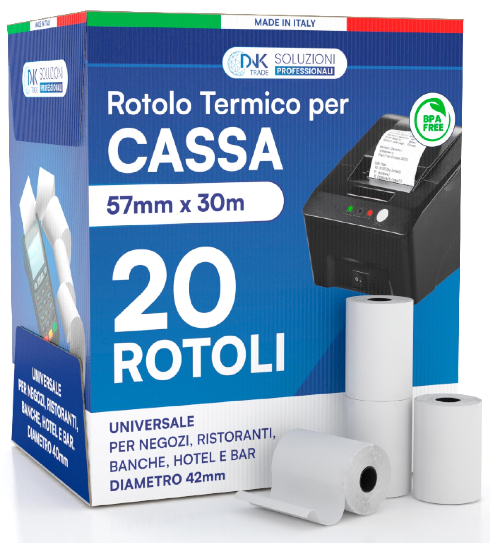Rotoli Termici per Registratori di Cassa - 20 Rotolini di Carta Termica Omologata 57mm x 30m Universale di Alta Qualità con Diametro 42mm Senza BPA - Compatibili con Nexi Axerve Ingenico