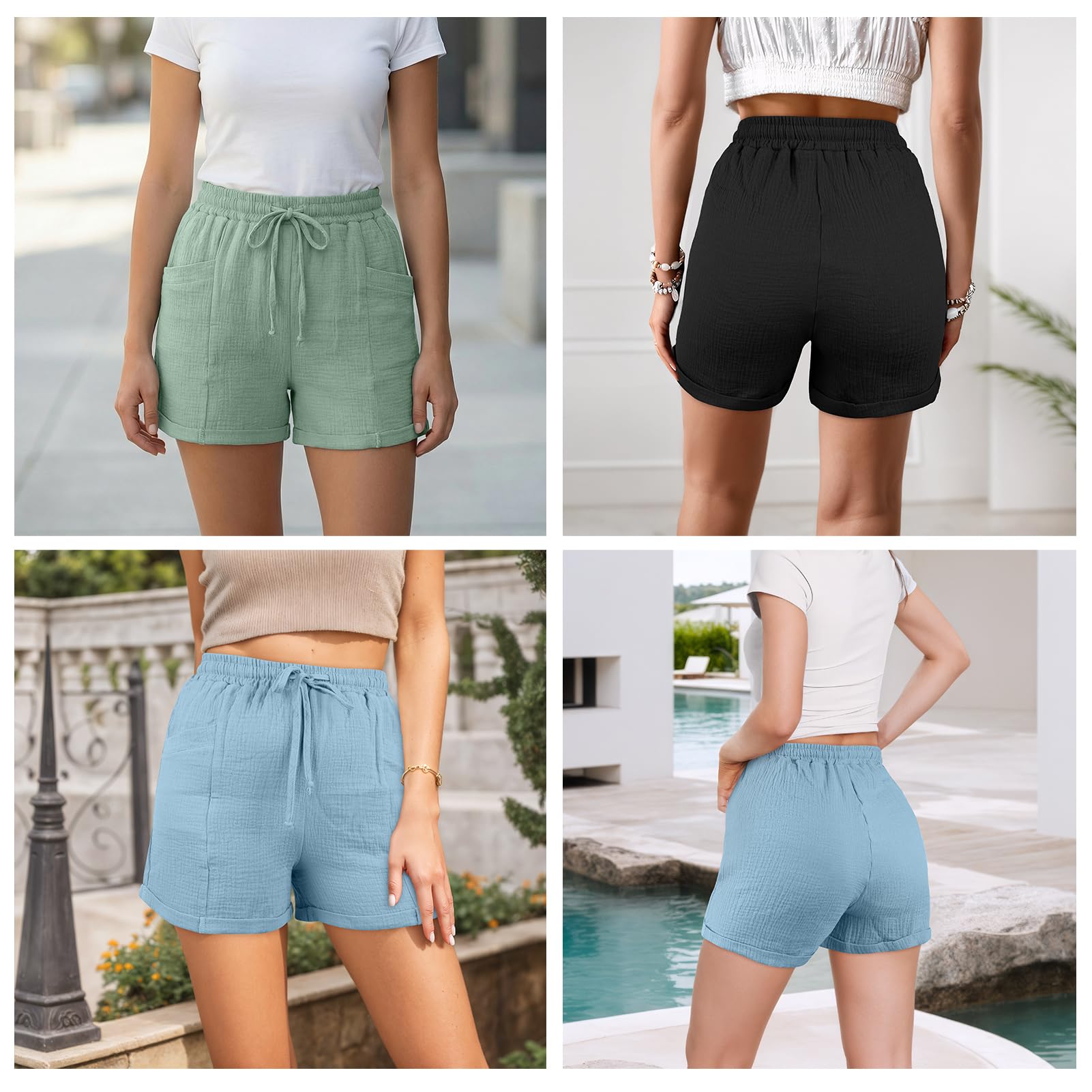 Musselin Kurze Hose Damen Sommer Leinen Shorts Damen Baumwolle Weite Kurze Hosen mit Taschen Lässige Stoffhose mit Kordelzug Leinenhose
