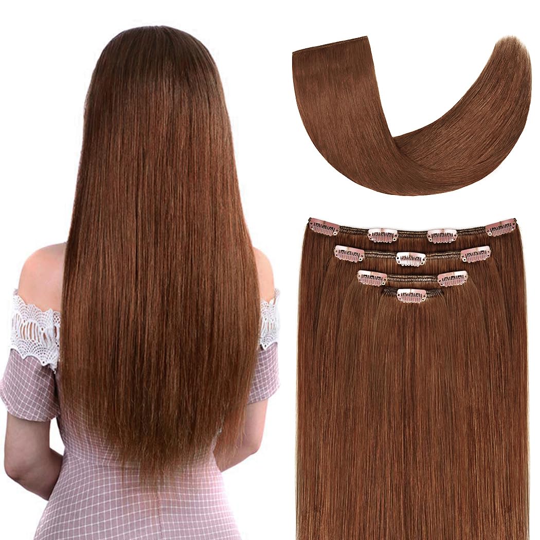 22" Hair Extensions Clip in Human Hair for Women - Silky Straight Remy Real Long Human Hair Clip on 90grams 4pieces Auburn #30 Color