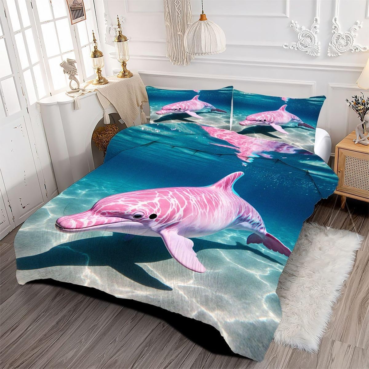 Edredón King Size Estampado 3D | Delfín Azul Niño, Nórdico Máximo Confort para Camas Grandes, Lavable, Reversible, Incluye 2 Fundas de Almohada 50x75 cm_A18438