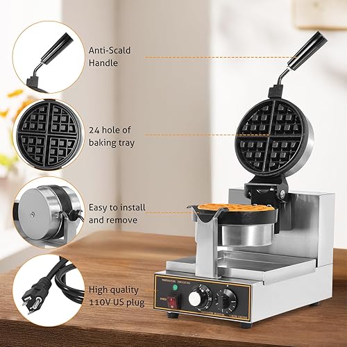 Miniatura 11 de WICHEMI Máquina de gofres comercial 360 Flip antiadherente giratorio Waffle Iron Control de tiempo Temperatura ajustable Cuerpo de acero inoxidable