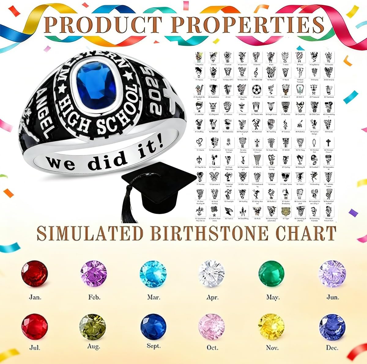 Sterling Silver Class Rings Personalized Custom Rings Class Rings for Women High School Birthstone Rings Graduation Rings Size 5-15 College Rings for Women