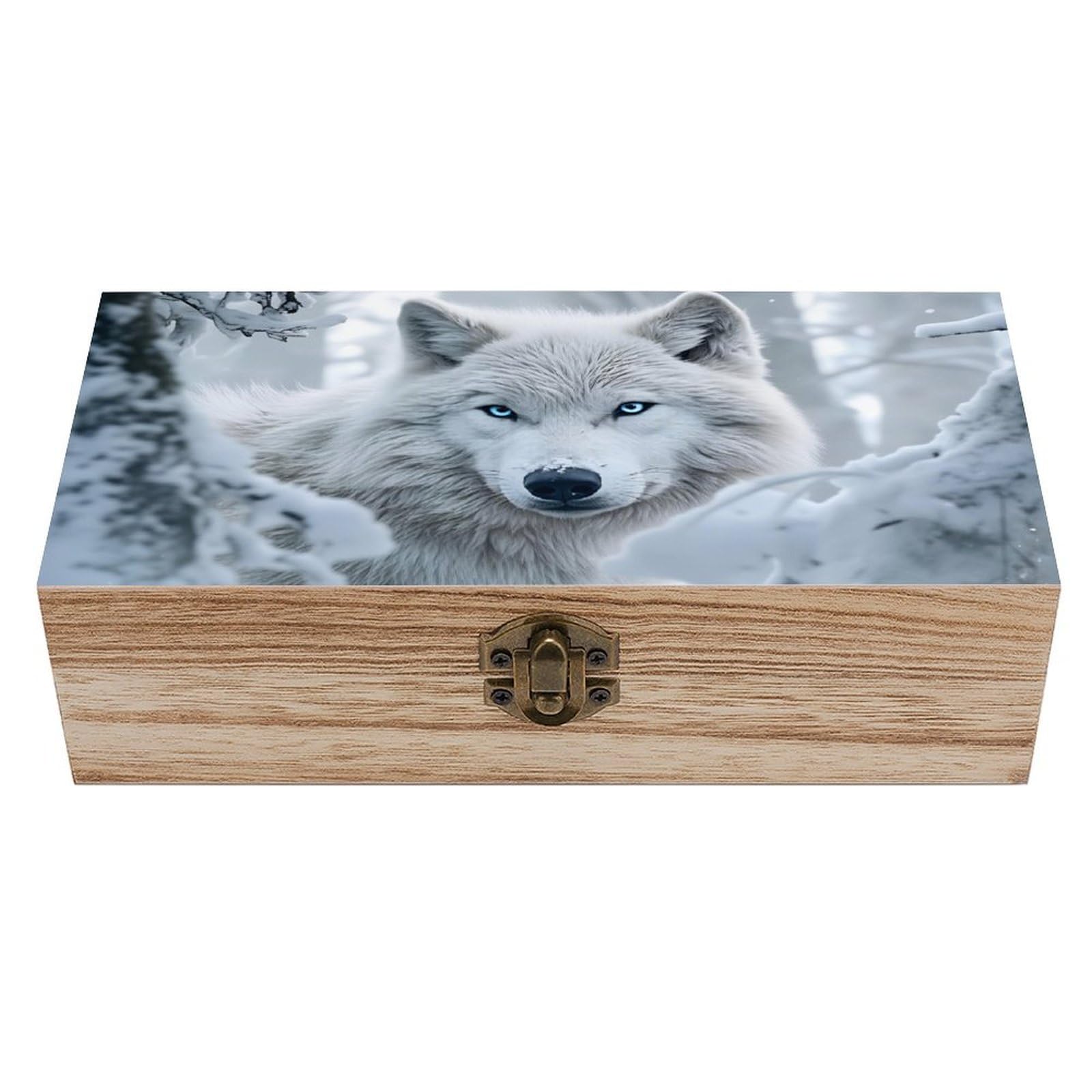 SMAZDFXX White Wolf In Snowy Wooden Keepsake Box Vintage Solid Wood with Hinged Lid 7.9"×3.7"×2.3" Metal Latch Rustic Home Decor for Jewelry Photos And Trinkets