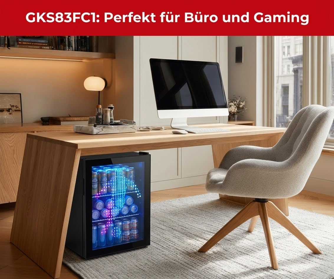 PKM GKS83FC1 Flaschenkühlschrank 89 Liter Display Touch Control Umluft-Kühlung blaue LED-Beleuchtung Schwarz