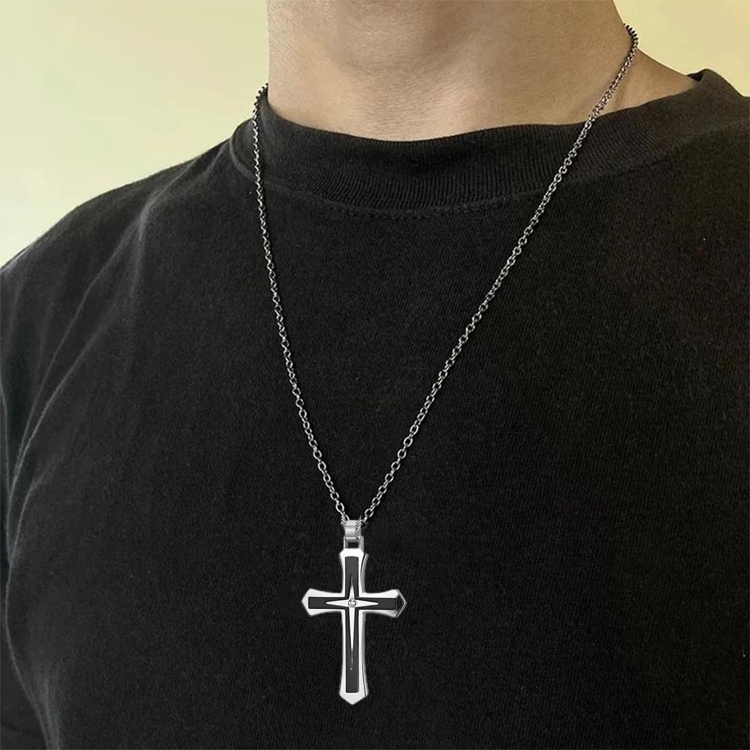 Cross Necklace for Men,Silver/Gold/Black Mens Cross Necklaces with 3mm Cross Chain and Stainless Steel Cross Pendant Jewelry Gifts,Rolo Chain 22-24 Inch - Image 3