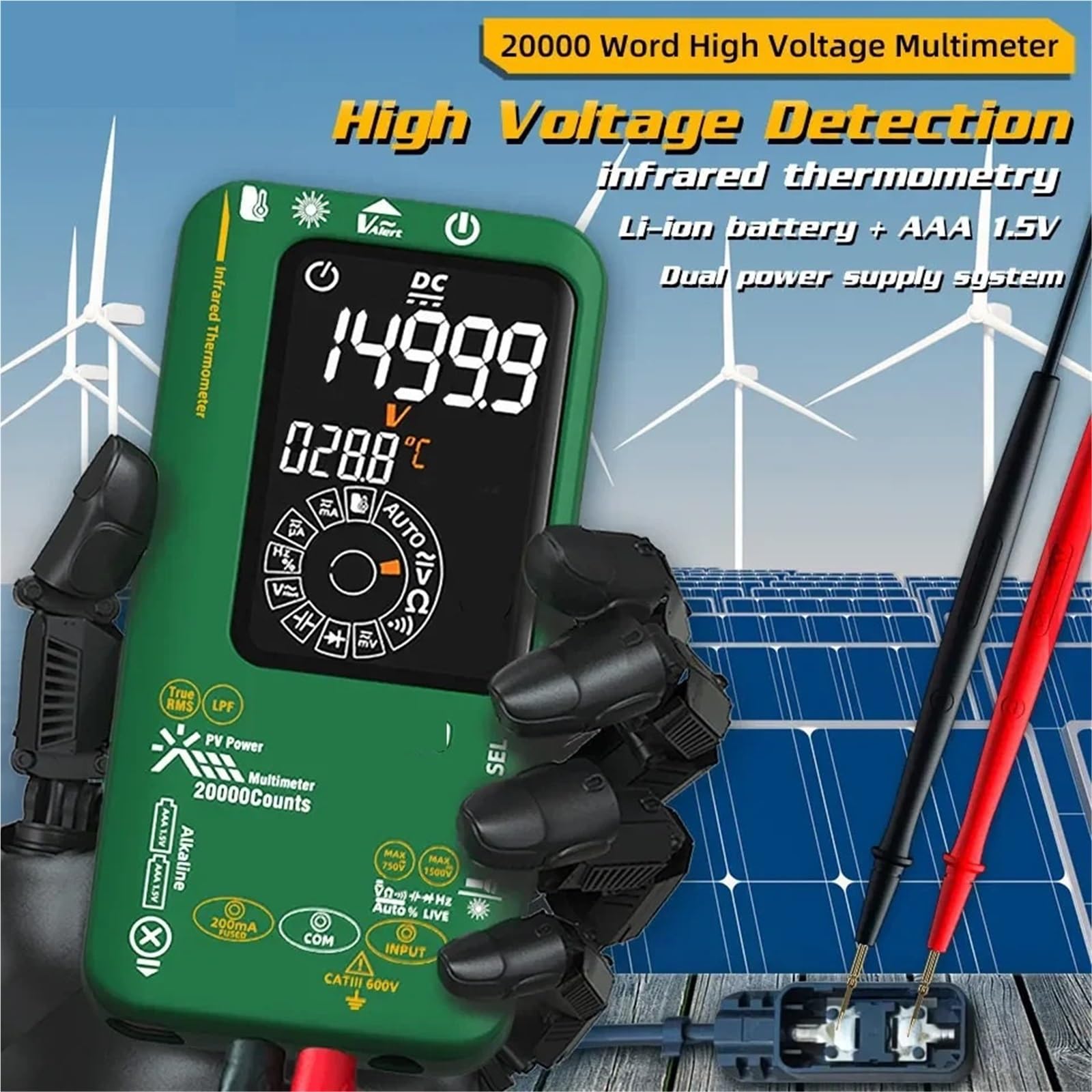 Multimetro, Multimetro digitale intelligente fotovoltaico con display da 20.000 parole, misurazione della temperatura a infrarossi, tensione e corrente continua a 1.500 V.