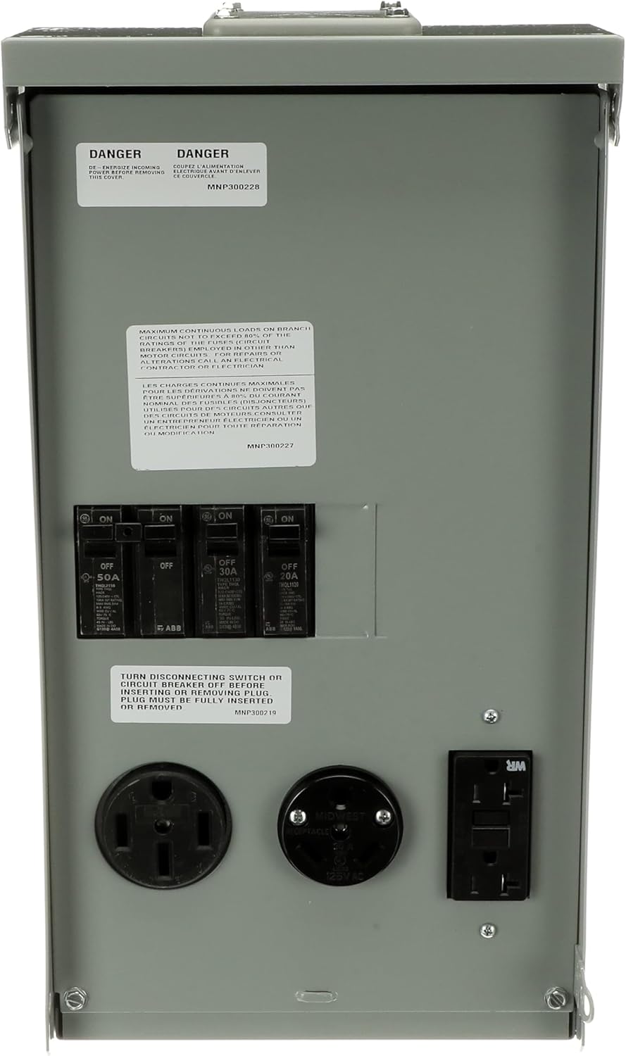 MIDWEST U075CTL010 • Weatherproof RV Power Centre • 100A Twin Lugs • Unmetered N3R Power Supply • Surface Mounted • 10kAIC • 50A/30A/20A breakers with 14-50RWR • TT-30RWR • 5-20R2GFCIWR Receptacles