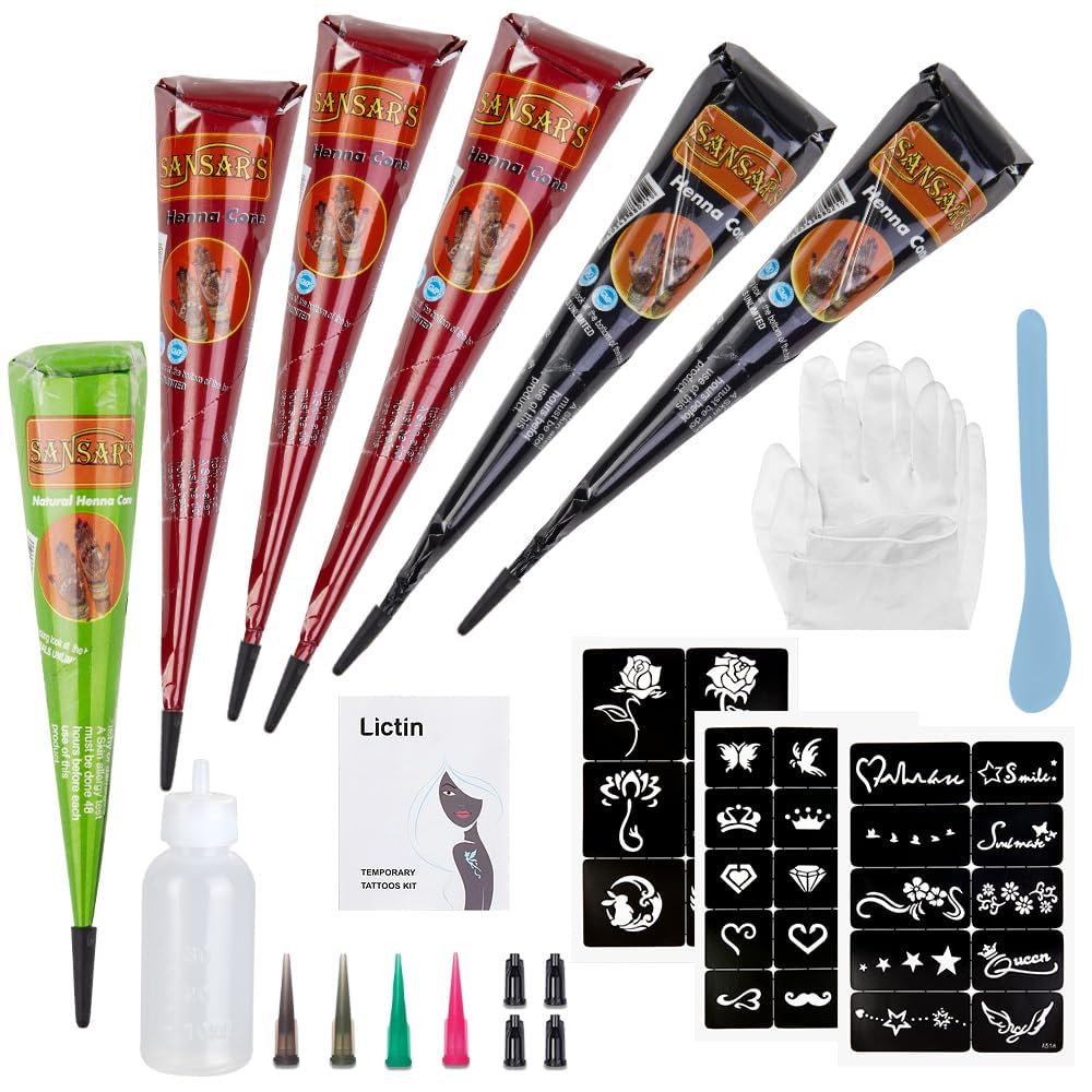 Water-Based Body Art Kit | 6 Cosmetic Cream Cones with Stencils & Nozzles | Washable Temporary Tattoos for Parties, Halloween, Events