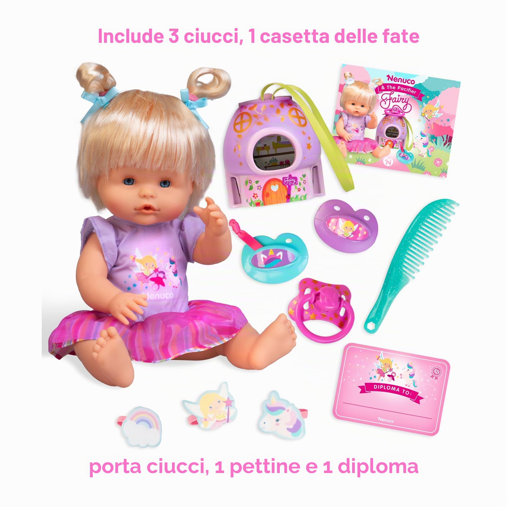 Nenuco Ciuccio Fatati, Bambola Bebè 35 cm con Capelli Biondi e Corpo Duro, Aiuta a Cambiare Fase dando i Ciucci alle Fate, Include 3 Ciucci e Accessori, +3 Anni, Famosa (NFNB4000)