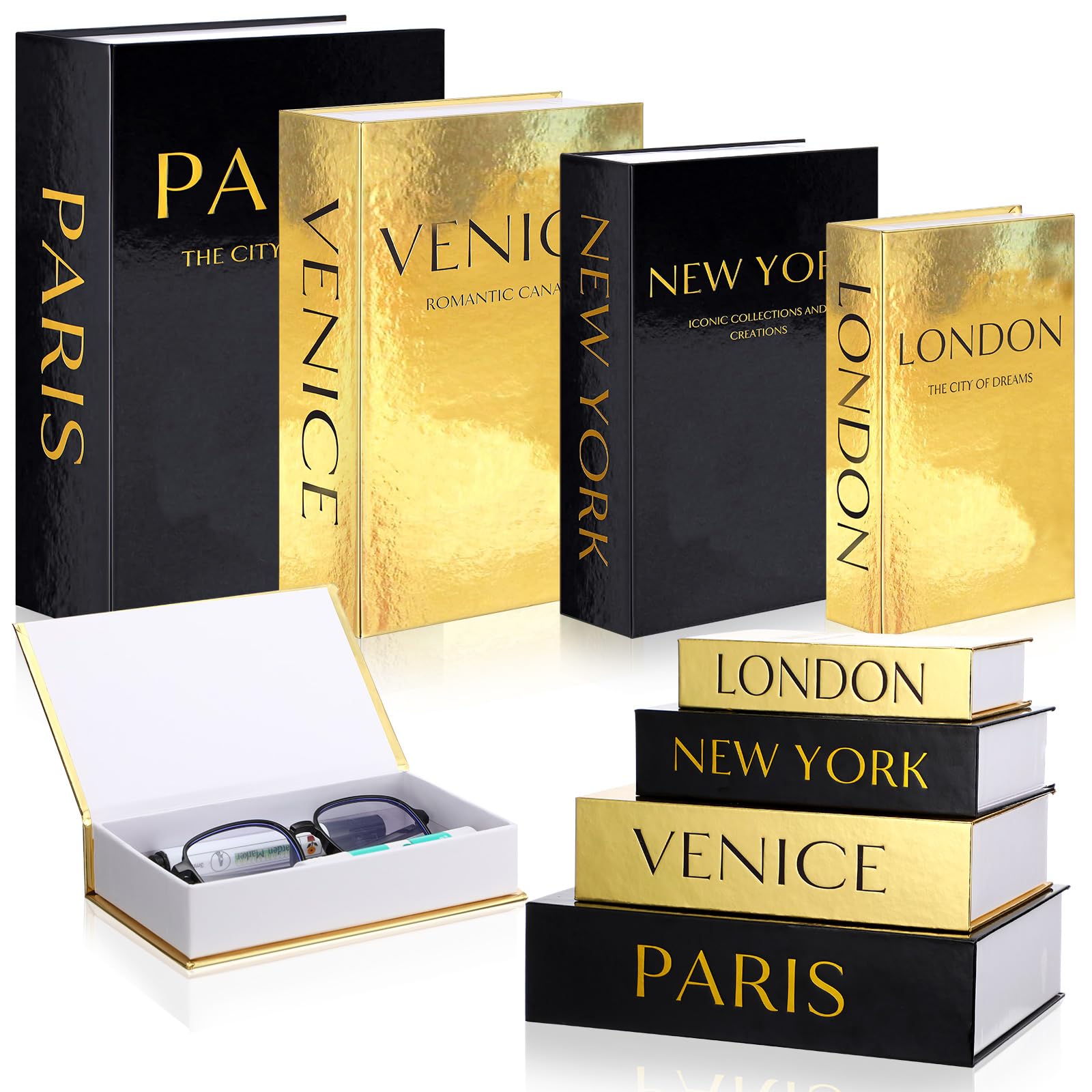 Sabary Set of 4 Decorative Books Boxes Faux Books Stacked for Coffee Tables Modern Home Bookshelves DIY Crafts Decor(Modern Style,Black and Gold)