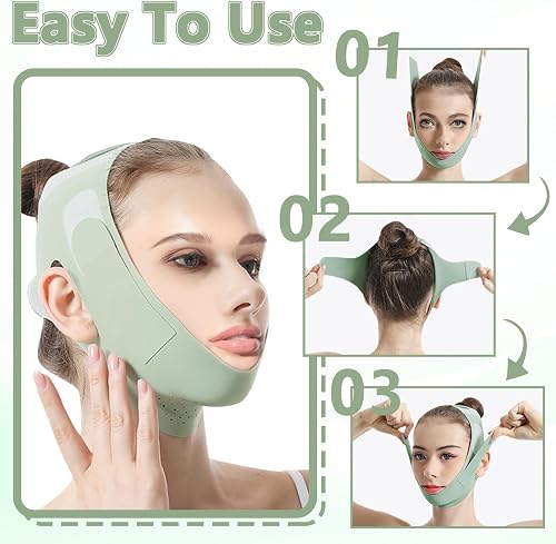 Huakaile Lot de 2 mentonnières respirantes anti-ronflement, sangle de mâchoire réglable, confortable pour dormir, double menton, lifting du visage, pour homme et femme (vert, 2 pièces) - 4