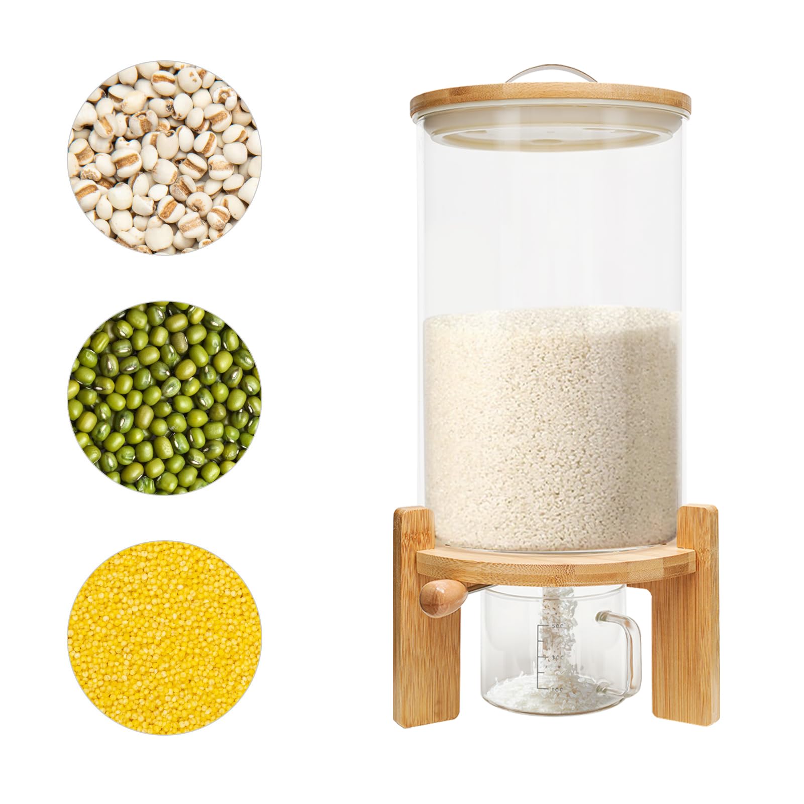 Reisspender, Müslispender Glas, Vorratsdosen Glas mit Deckel, Lebensmittelspender mit Glas Messbecher für Bohnen Reis Cereal Getreide, Feuchtigkeits und Staubdicht(Size:7.5L)