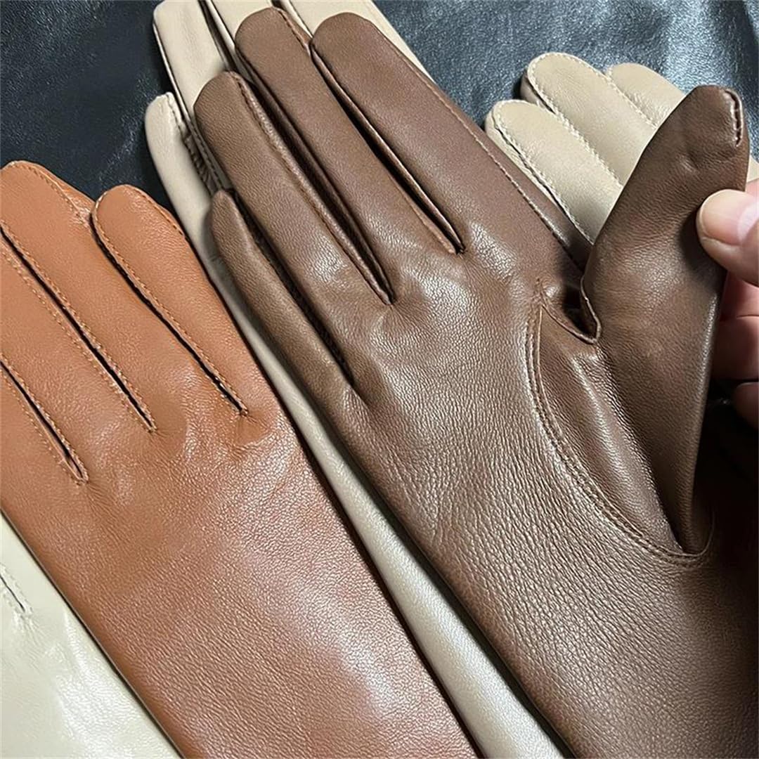 Lange Handschuhe aus echtem Leder, Unisex, weiches Schaffell, mit Fleece gefüttert, elegant, warm, Winter, modische Handschuhe, Braun, Größe XL, 65cm women thin