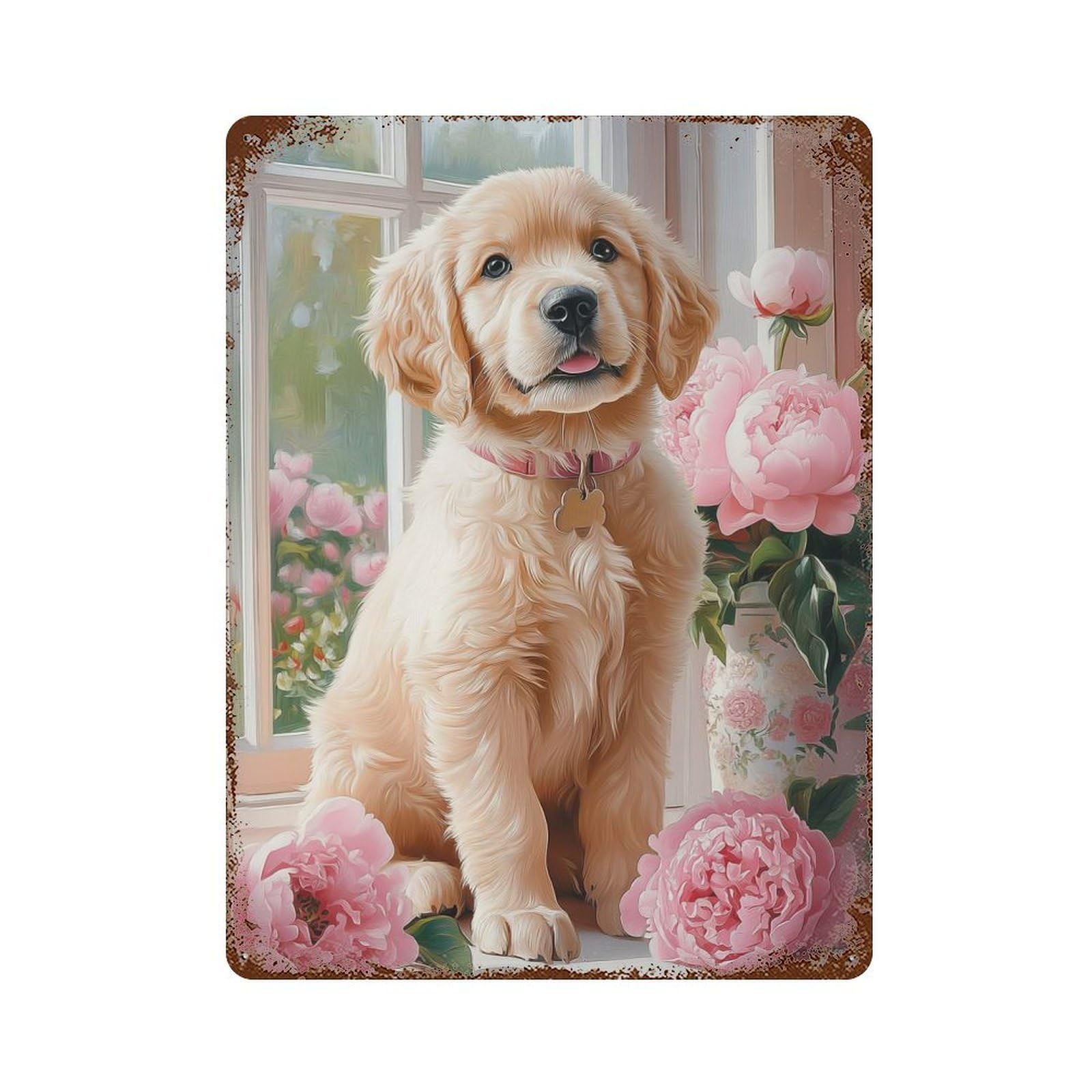 Rust Effect Golden Retriever Puppy with Peonies Distressed Metal Wall Sign 15.7"x11.8", Farmhouse Wall Decor for Office, Studio And Wall Decor