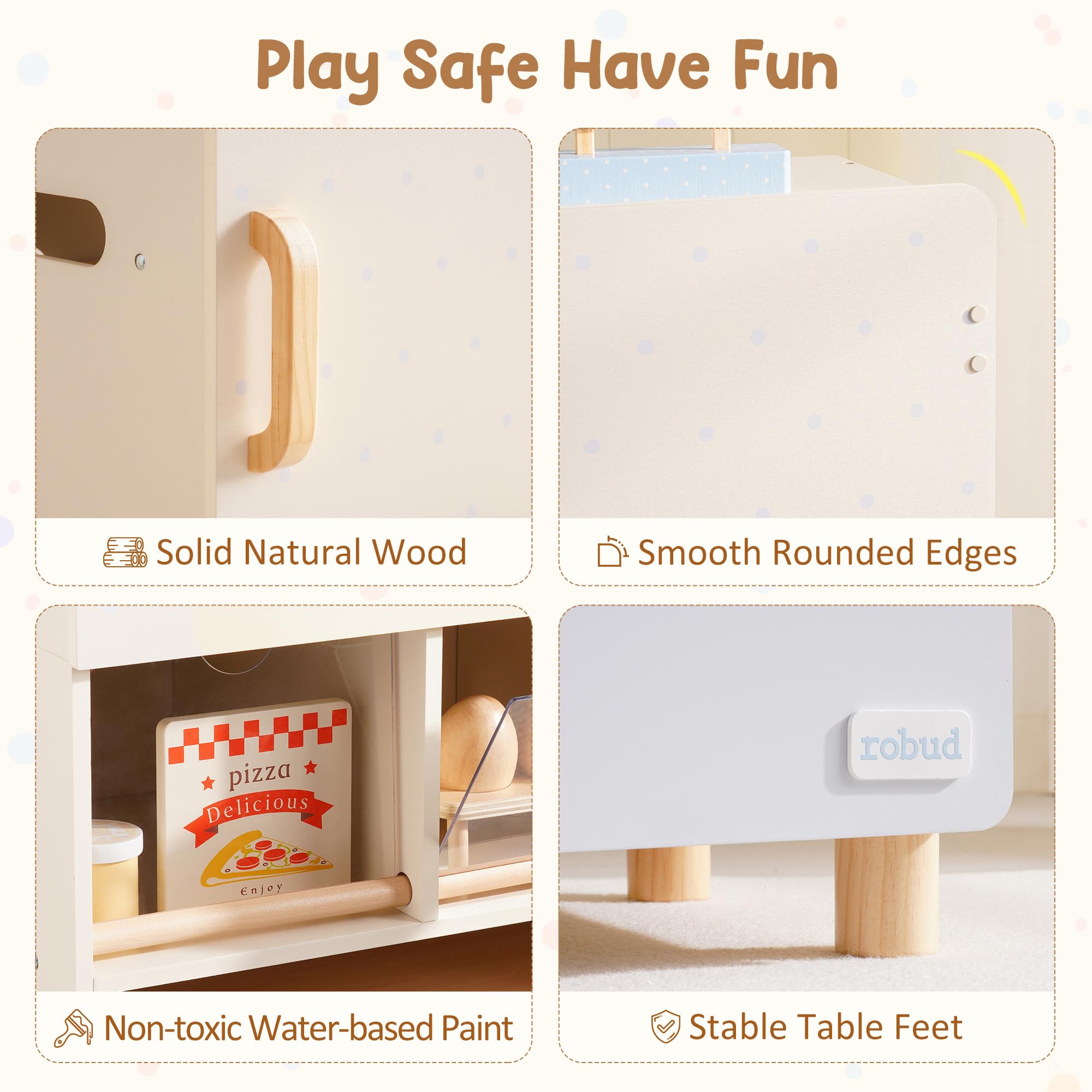 ROBUD Set da gioco con frigorifero in legno, frigorifero per giochi di finzione per bambini con lavagnetta, congelatore e accessori, frigorifero giocattolo bambini bambine 3+
